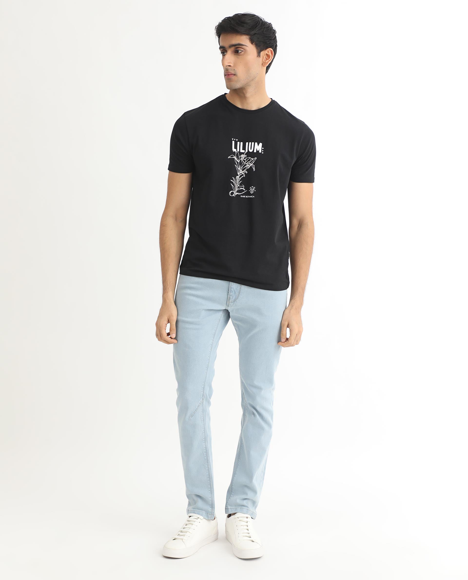 Rare Rabbit Men's Quet Black Crew Neck With Botanical Chest Graphic Half Sleeves Slim Fit T-Shirt