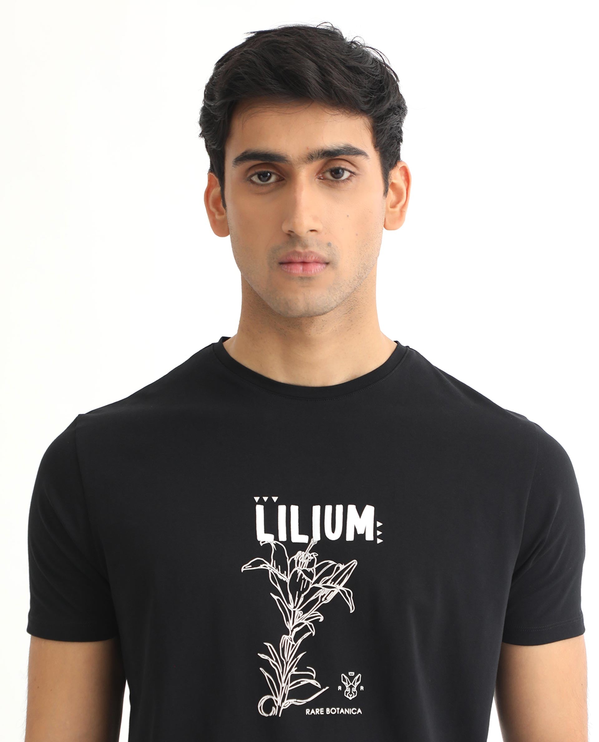 Rare Rabbit Men's Quet Black Crew Neck With Botanical Chest Graphic Half Sleeves Slim Fit T-Shirt