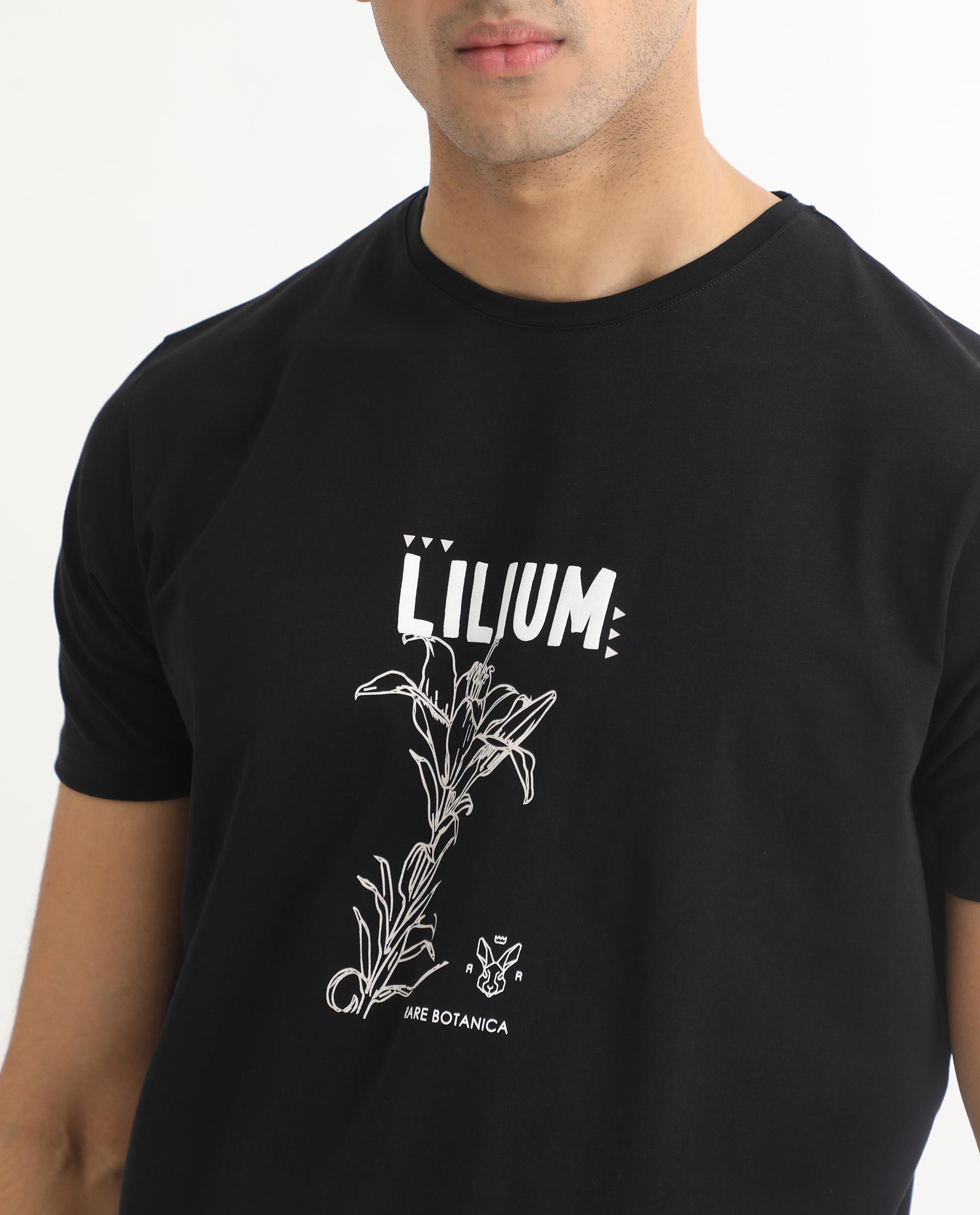 Rare Rabbit Men's Quet Black Crew Neck With Botanical Chest Graphic Half Sleeves Slim Fit T-Shirt