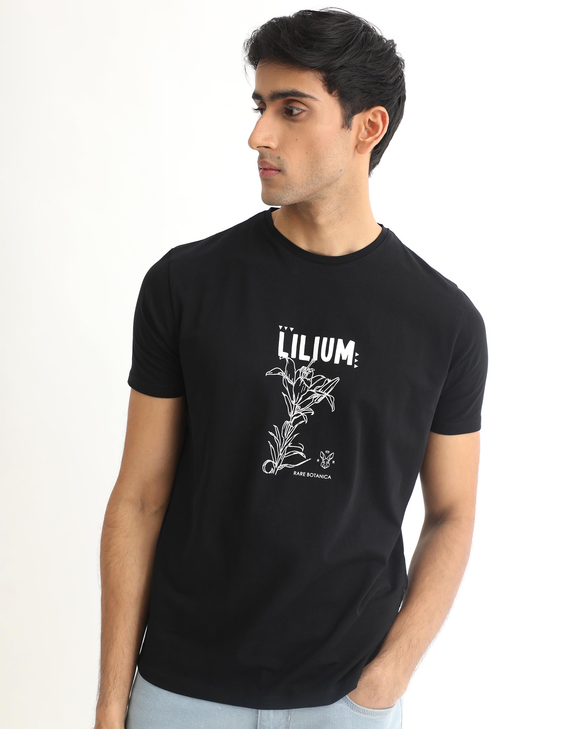 Rare Rabbit Men's Quet Black Crew Neck With Botanical Chest Graphic Half Sleeves Slim Fit T-Shirt