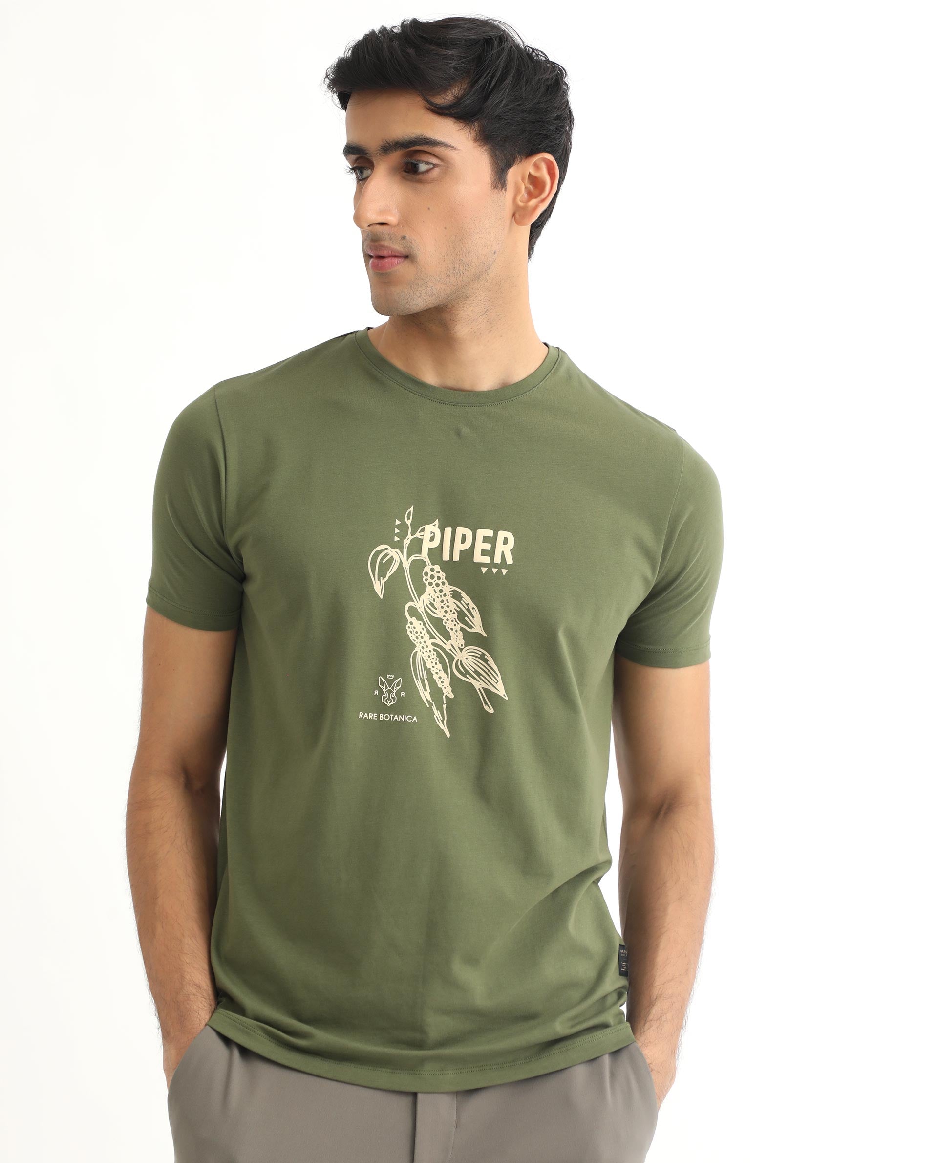 Rare Rabbit Men's Quet Olive Crew Neck With Botanical Chest Graphic Half Sleeves Slim Fit T-Shirt
