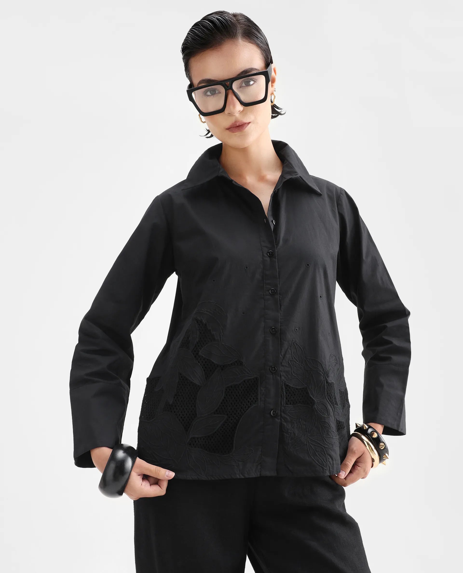 Rareism Women's Quitti Light Black Cotton Spread Collar Plain Bell Sleeve Regular Fit Top