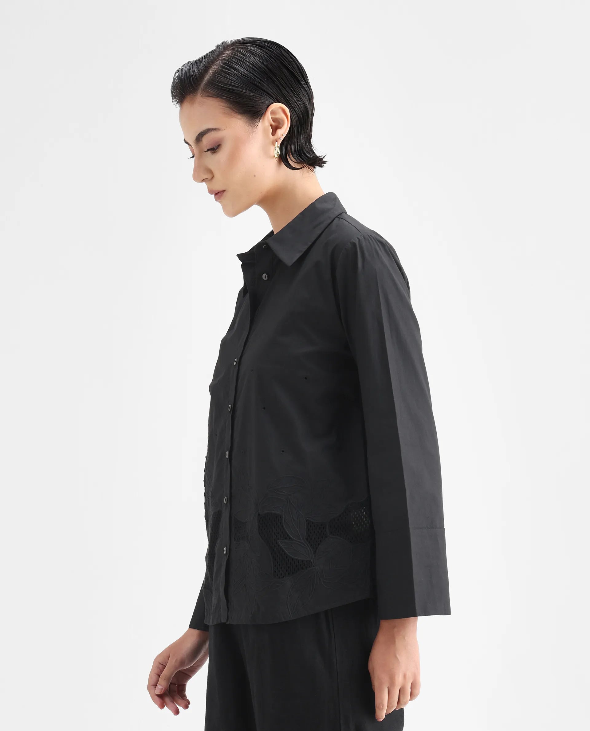 Rareism Women's Quitti Light Black Cotton Spread Collar Plain Bell Sleeve Regular Fit Top