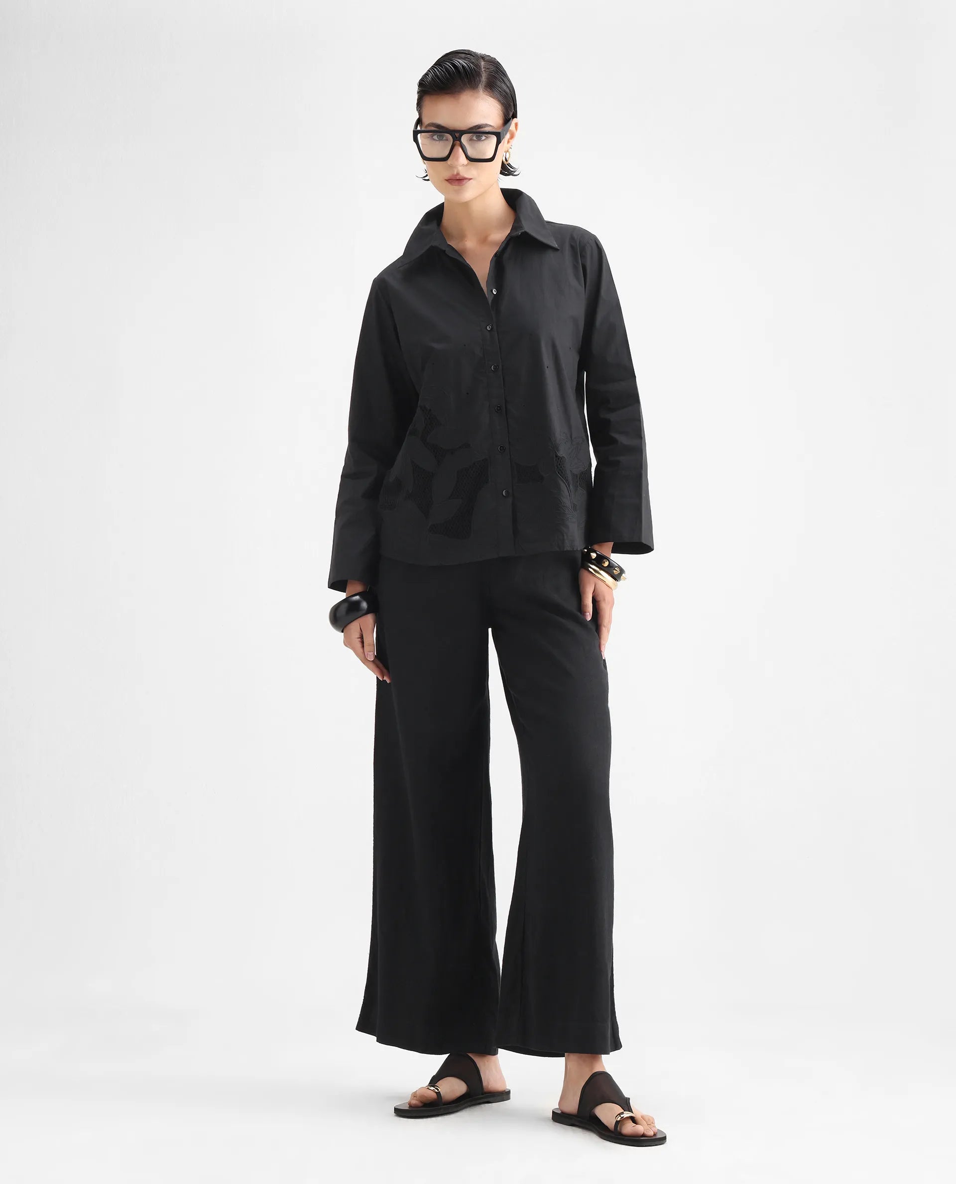 Rareism Women's Quitti Light Black Cotton Spread Collar Plain Bell Sleeve Regular Fit Top