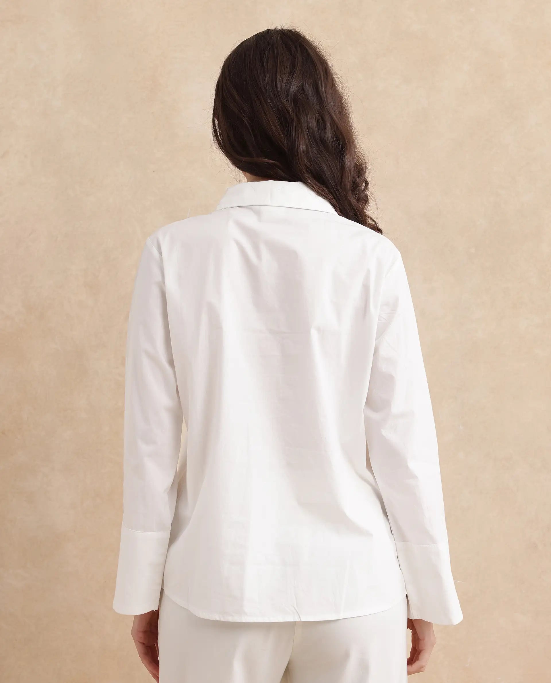 Rareism Women Quitti Light White Bell Sleeves Collared Neck Button Closure Plain Top