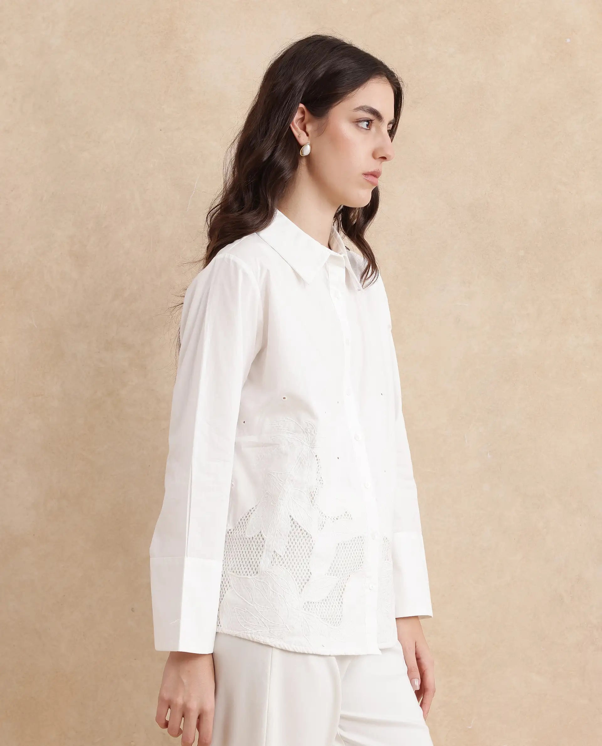 Rareism Women Quitti Light White Bell Sleeves Collared Neck Button Closure Plain Top