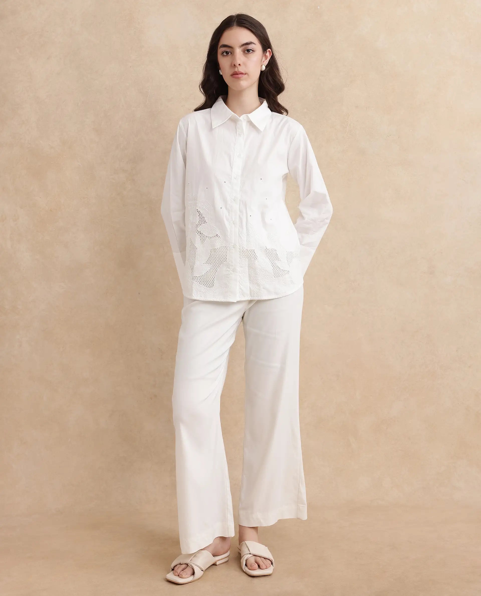 Rareism Women Quitti Light White Bell Sleeves Collared Neck Button Closure Plain Top