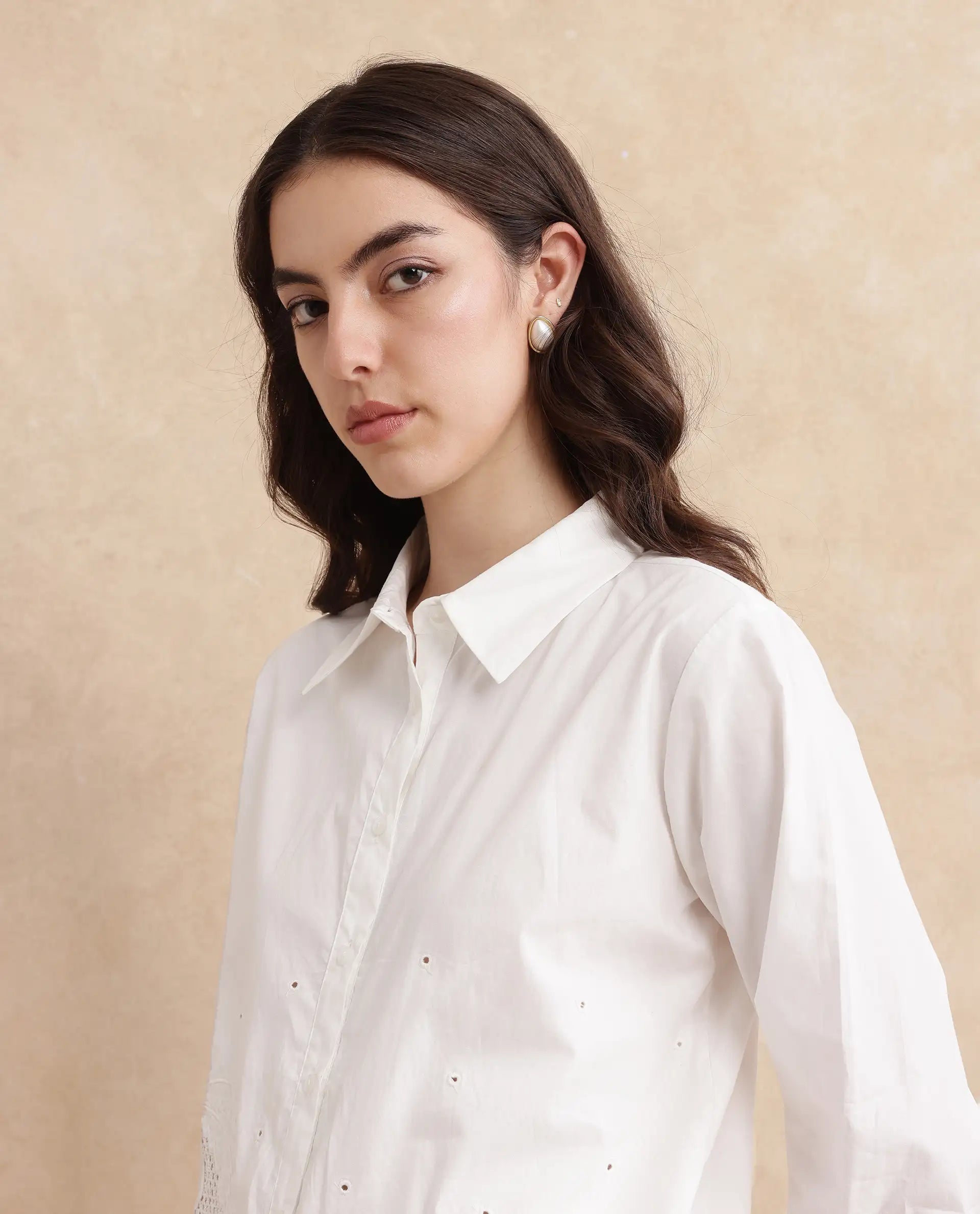 Rareism Women Quitti Light White Bell Sleeves Collared Neck Button Closure Plain Top