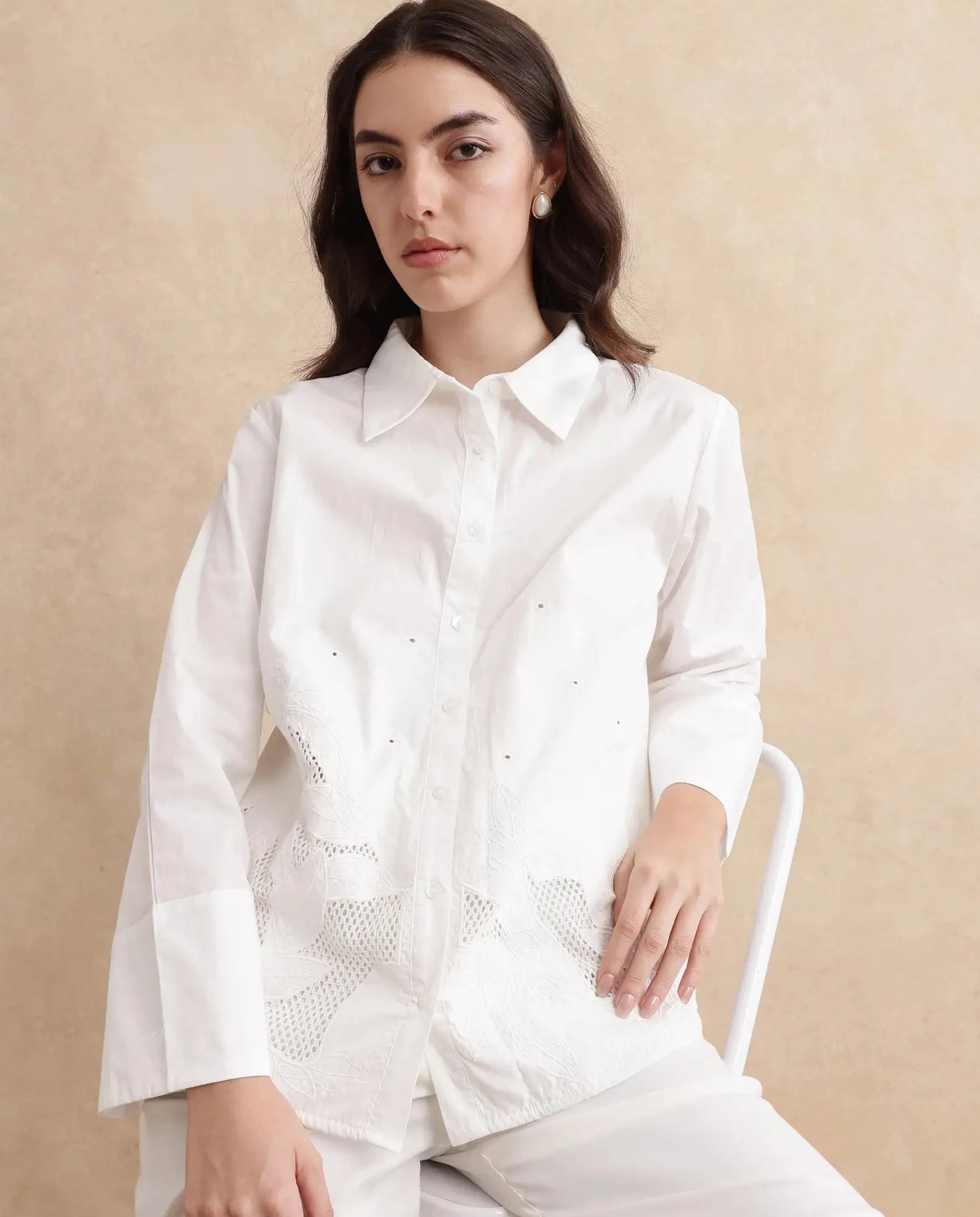 Rareism Women Quitti Light White Bell Sleeves Collared Neck Button Closure Plain Top