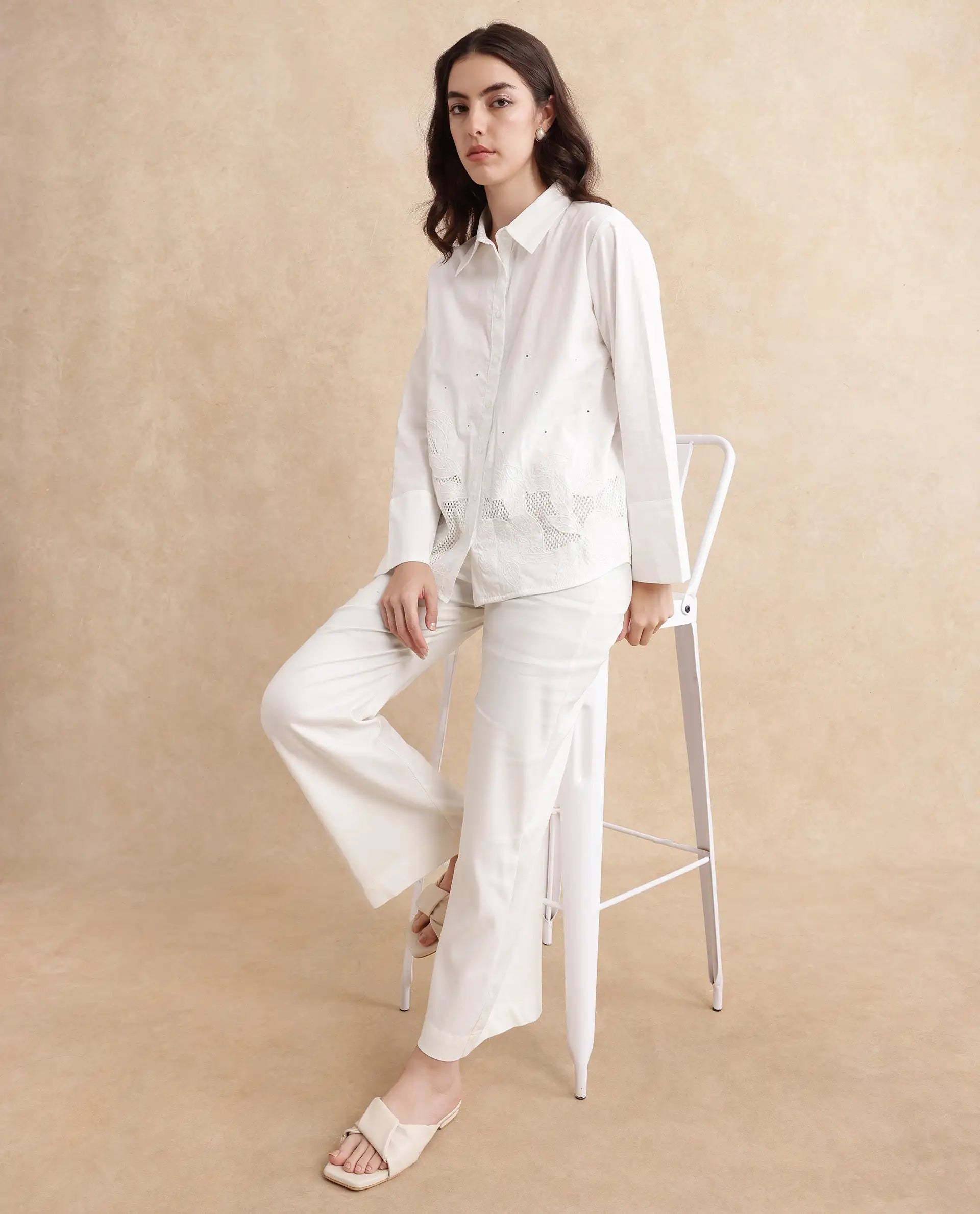 Rareism Women Quitti Light White Bell Sleeves Collared Neck Button Closure Plain Top