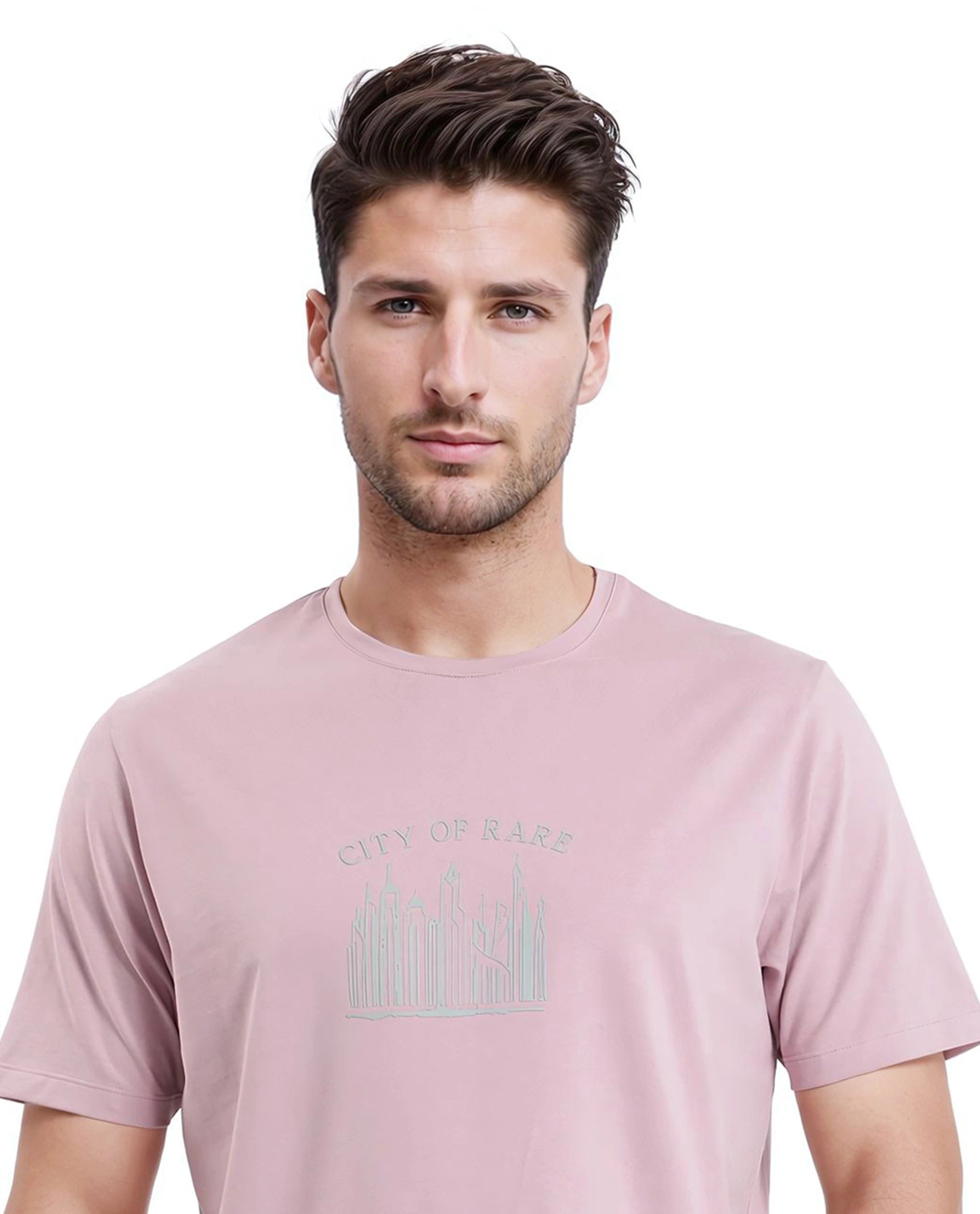 Rare Rabbit Men Quix Pastel Pink Cotton Blend Fabric Short Sleeve Crew Neck Hd Print T-Shirt