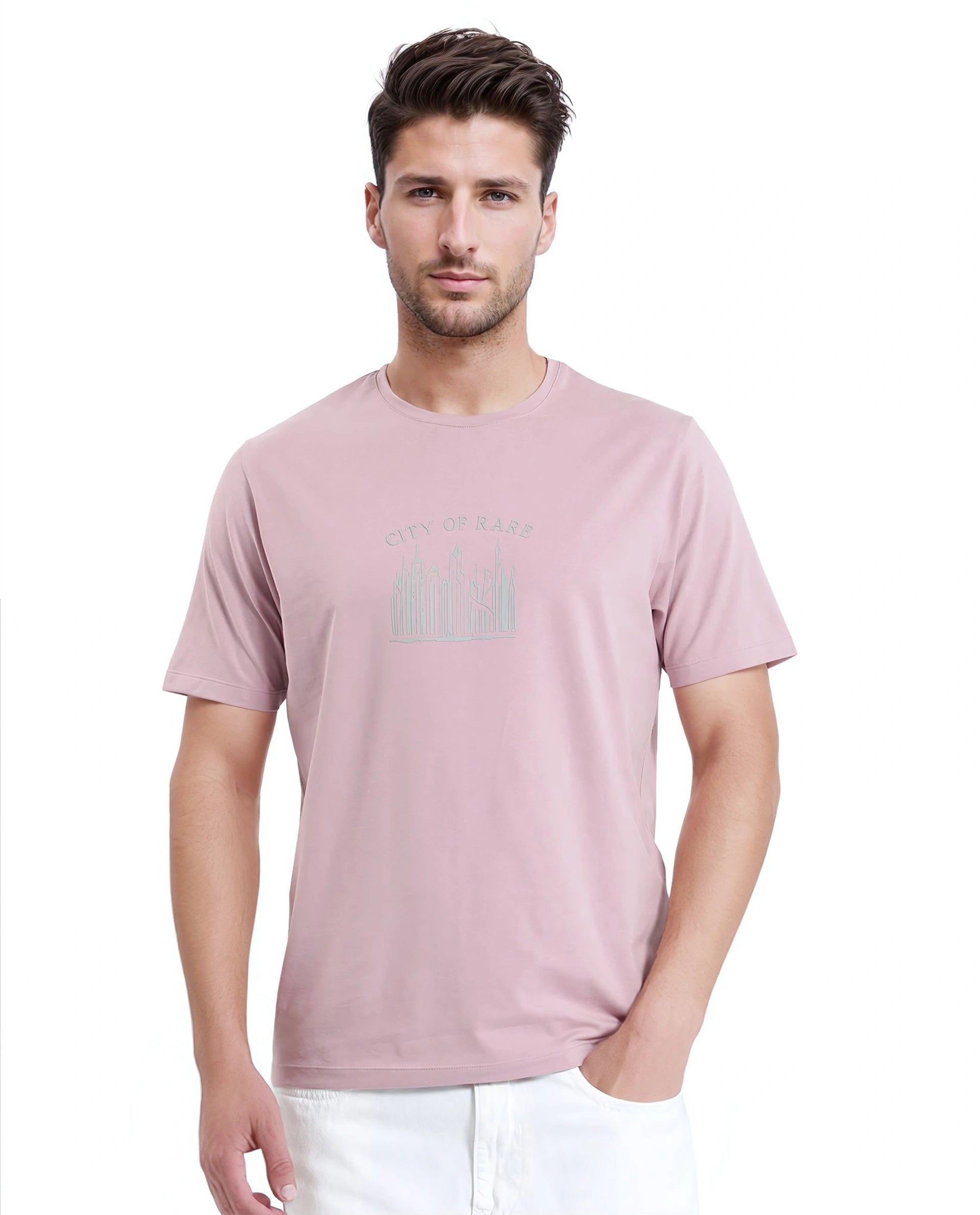 Rare Rabbit Men Quix Pastel Pink Cotton Blend Fabric Short Sleeve Crew Neck Hd Print T-Shirt