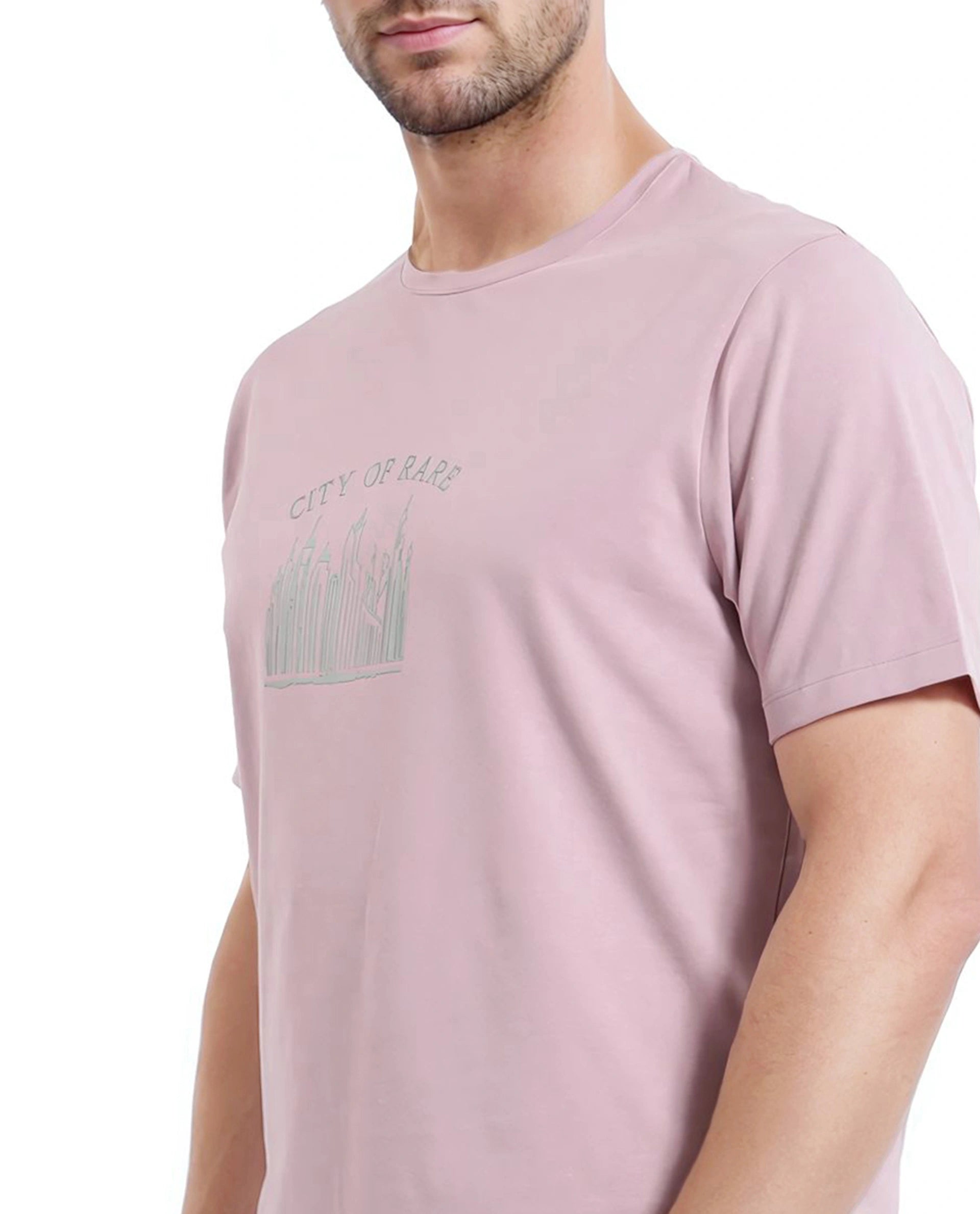 Rare Rabbit Men Quix Pastel Pink Cotton Blend Fabric Short Sleeve Crew Neck Hd Print T-Shirt