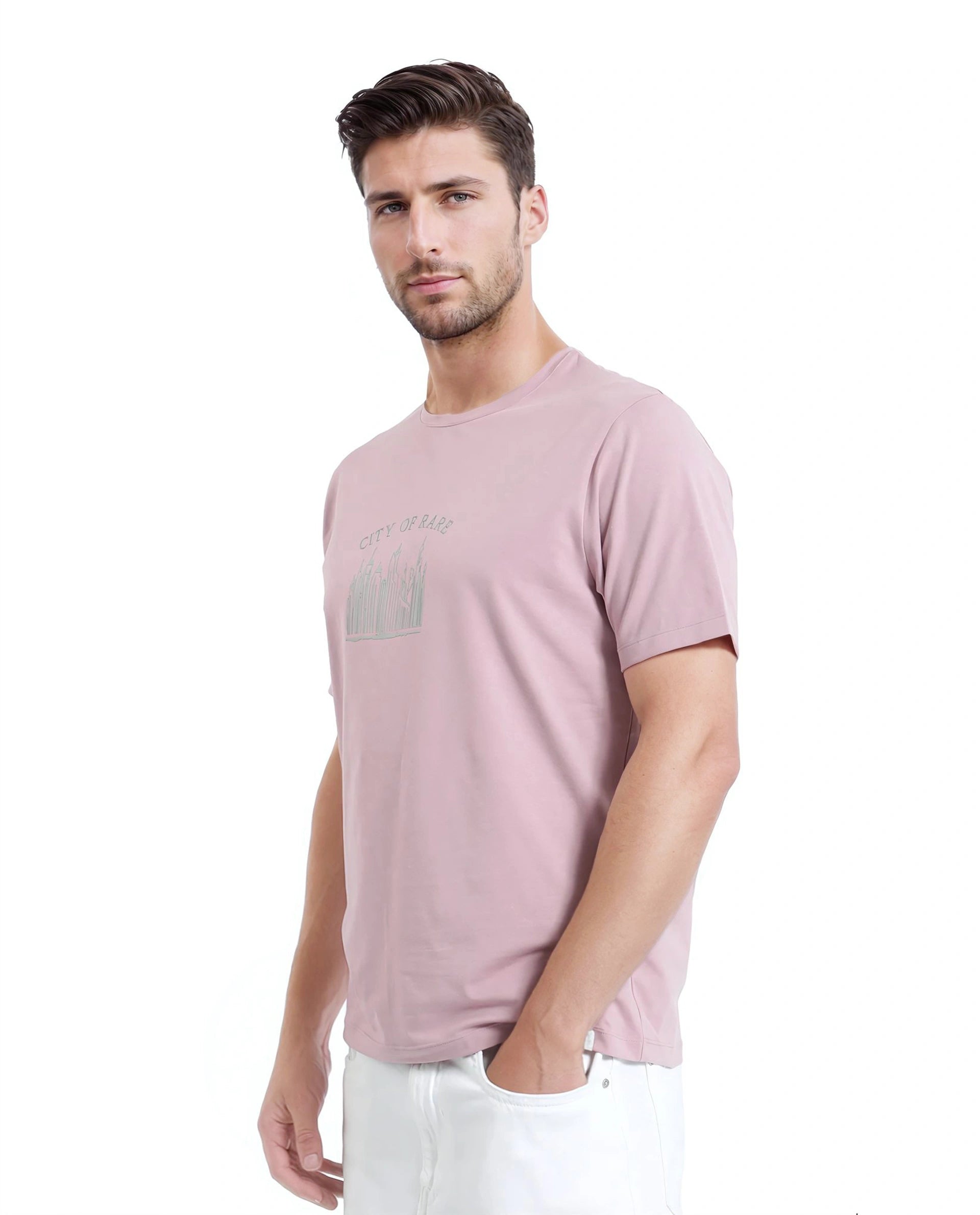 Rare Rabbit Men Quix Pastel Pink Cotton Blend Fabric Short Sleeve Crew Neck Hd Print T-Shirt