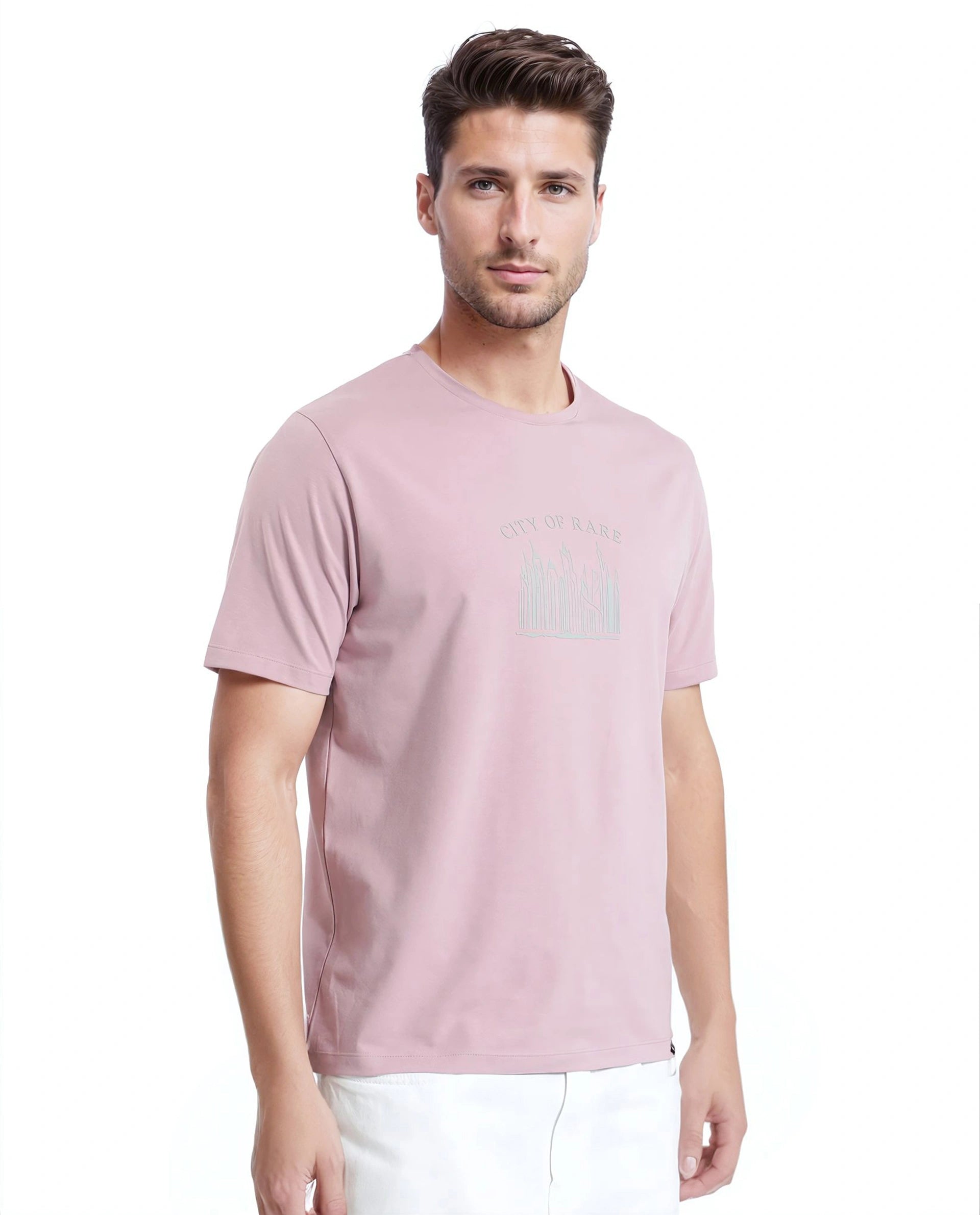 Rare Rabbit Men Quix Pastel Pink Cotton Blend Fabric Short Sleeve Crew Neck Hd Print T-Shirt