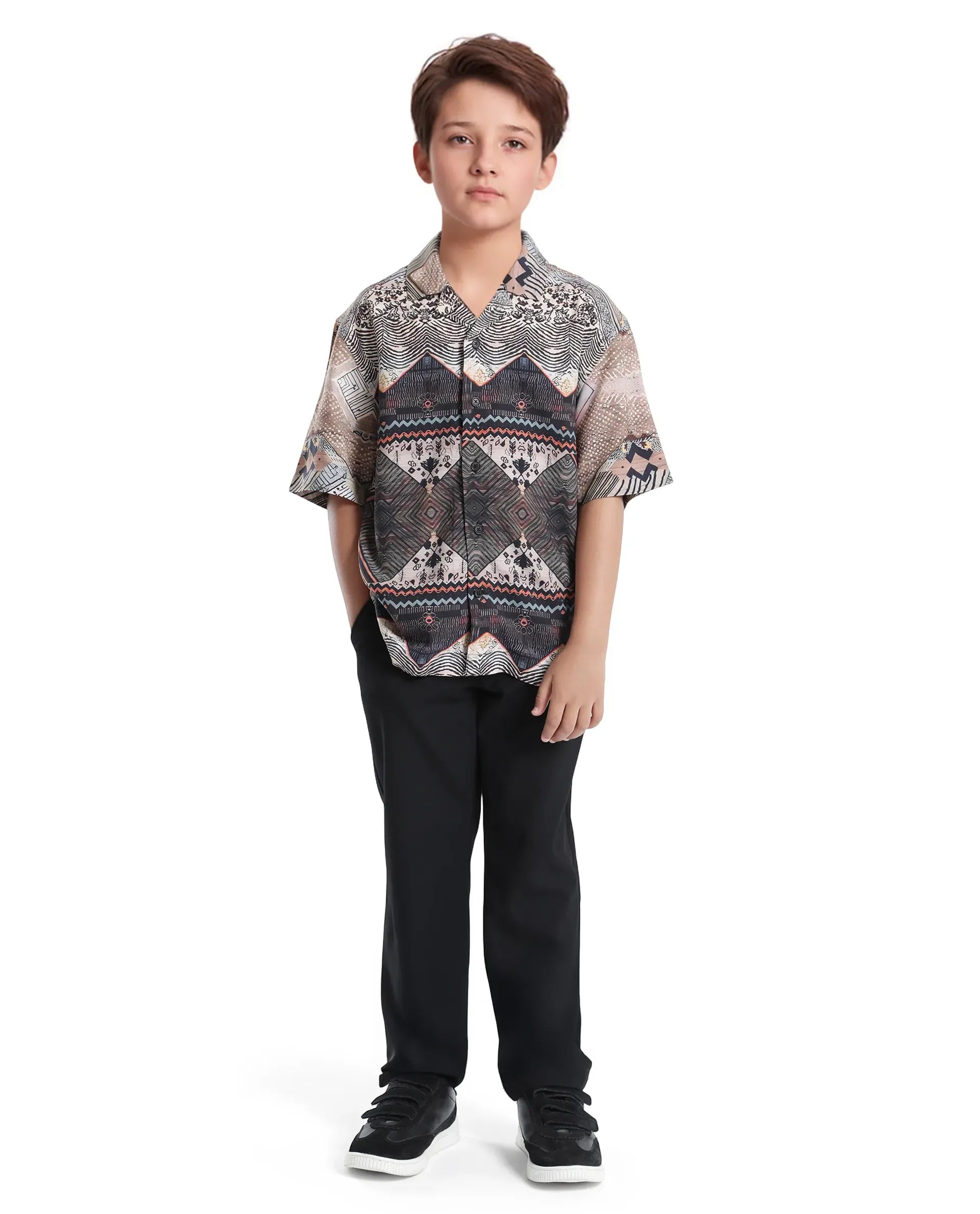 Rare Ones Kids Qun Black Viscose Printed Button Closure Regular Fit Shirt