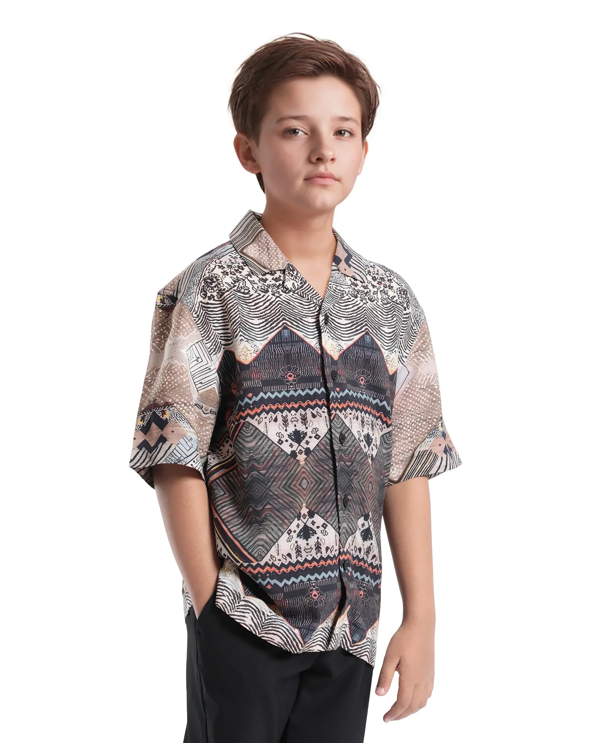 Rare Ones Kids Qun Black Viscose Printed Button Closure Regular Fit Shirt