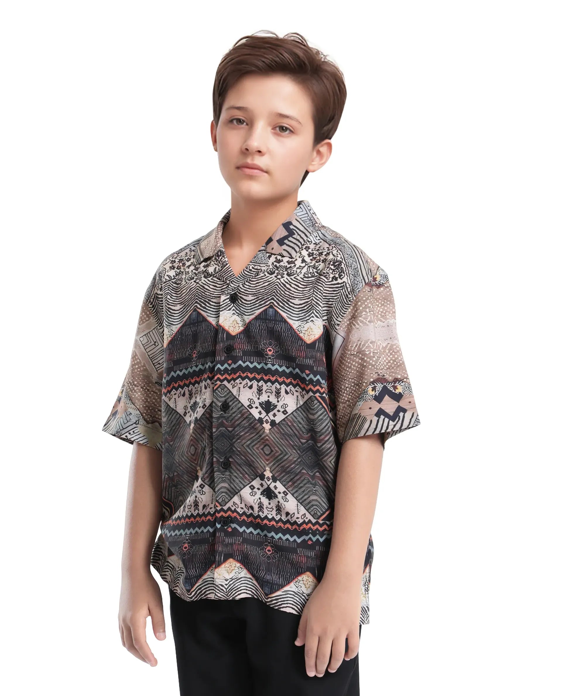 Rare Ones Kids Qun Black Viscose Printed Button Closure Regular Fit Shirt