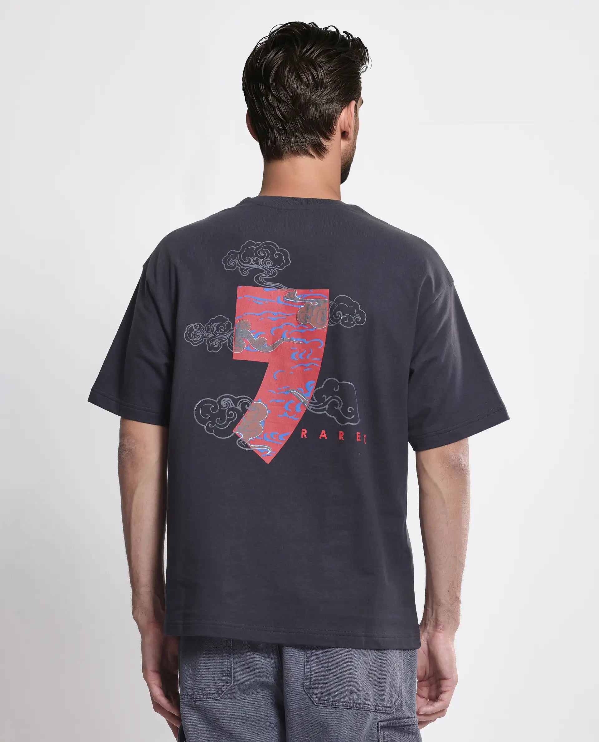 Rare Rabbit Men's Quote Dark Grey Cotton Fabric Half Sleeve Crew Neck Oversized Fit Graphic Print T-Shirt