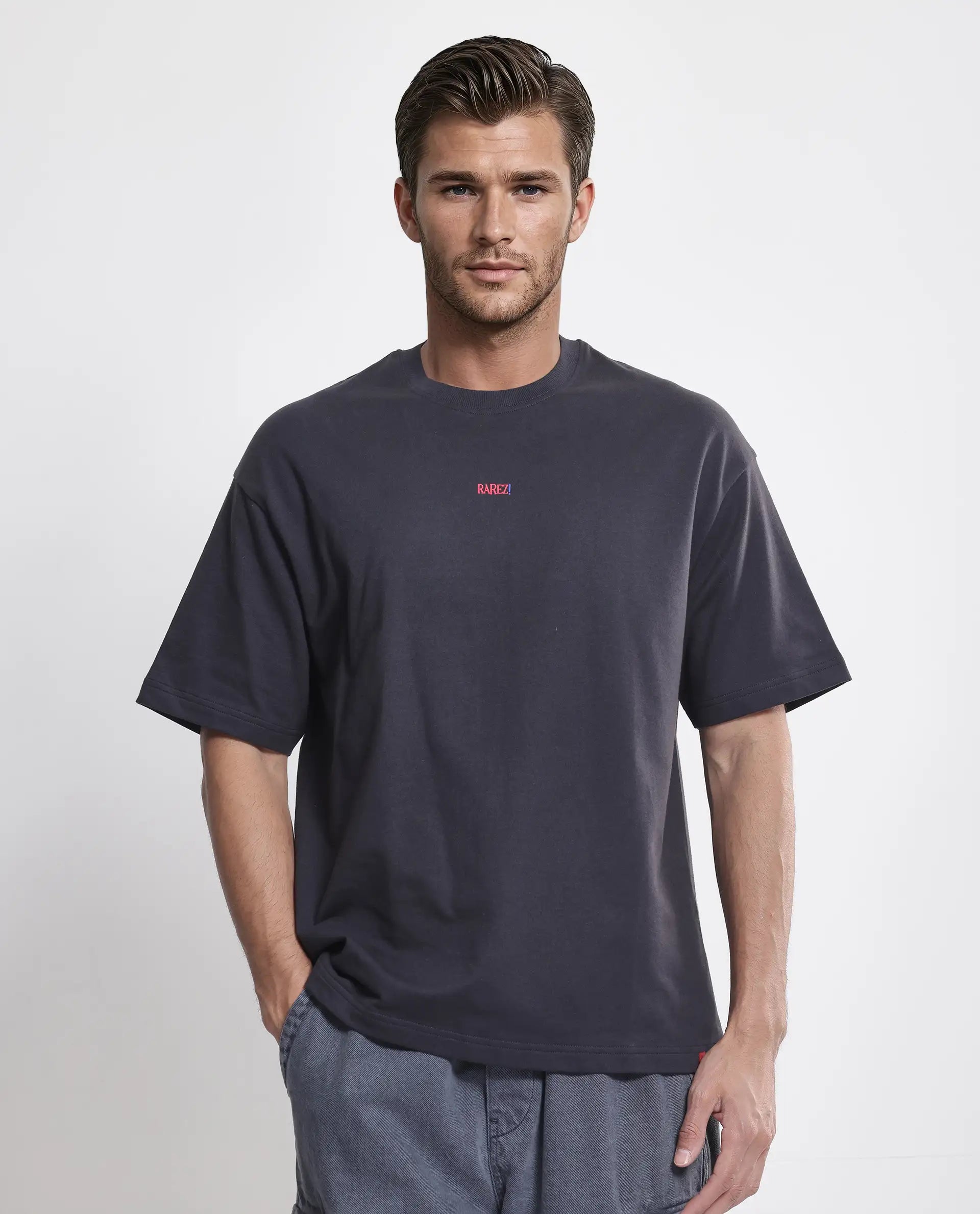 Rare Rabbit Men's Quote Dark Grey Cotton Fabric Half Sleeve Crew Neck Oversized Fit Graphic Print T-Shirt