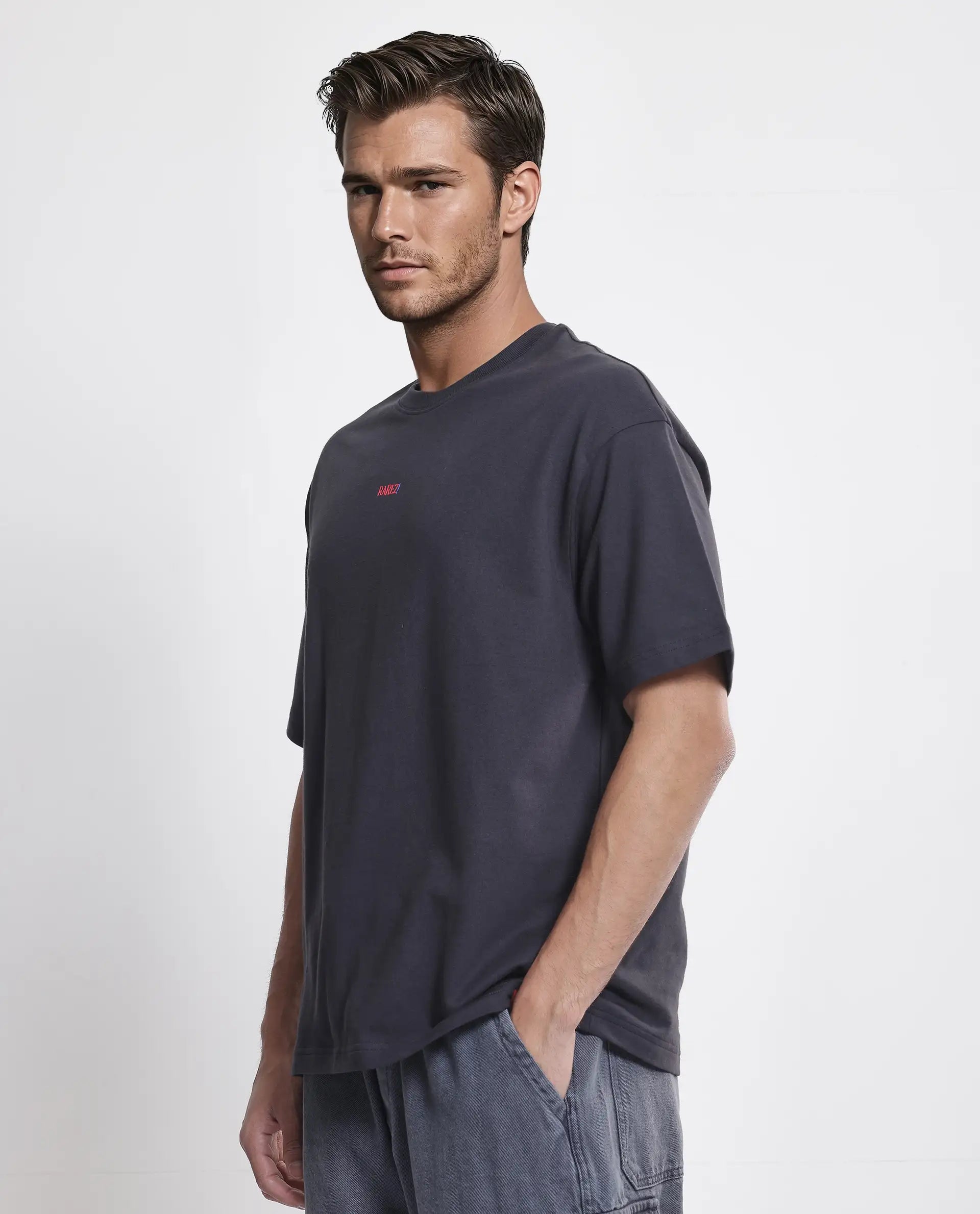 Rare Rabbit Men's Quote Dark Grey Cotton Fabric Half Sleeve Crew Neck Oversized Fit Graphic Print T-Shirt