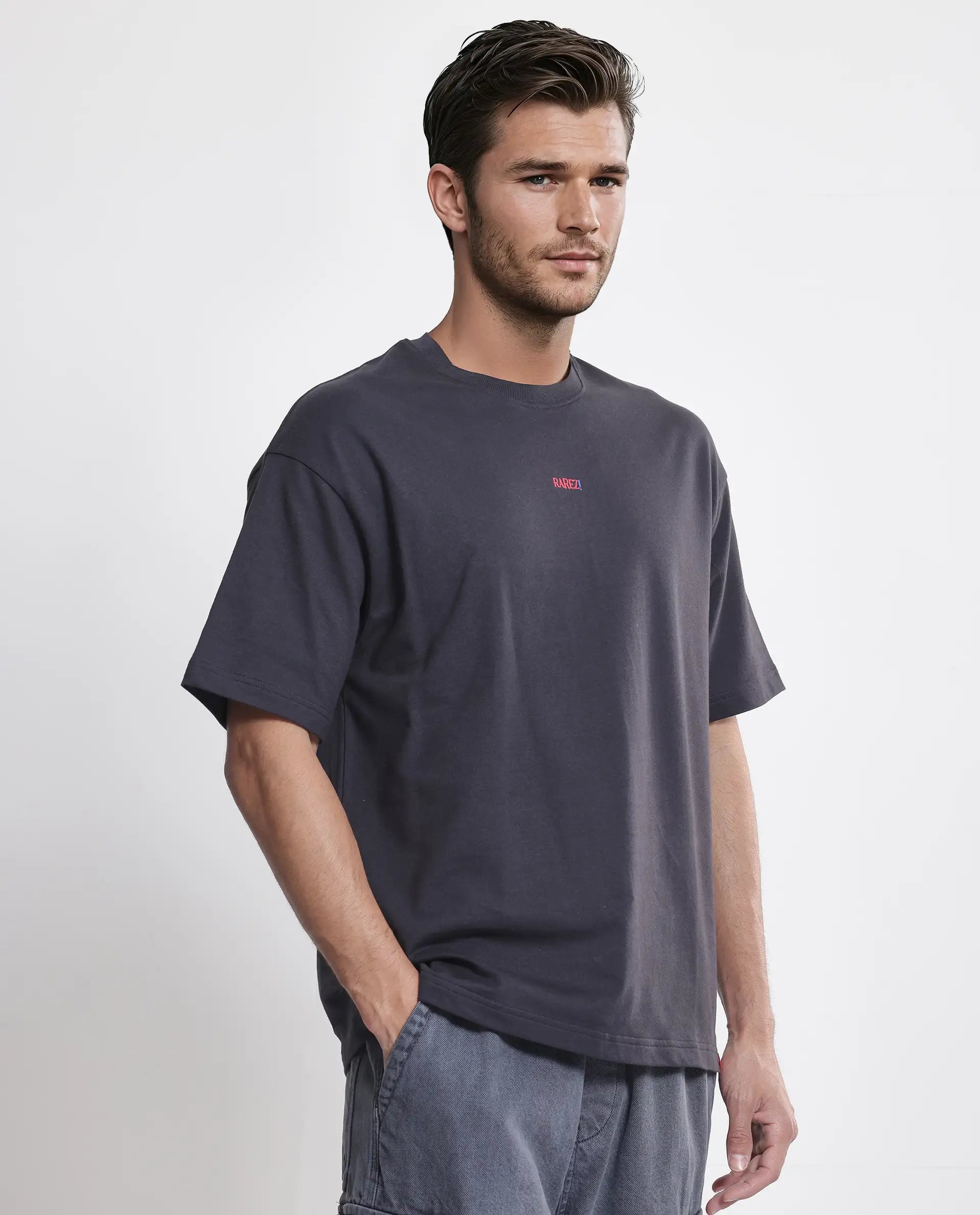 Rare Rabbit Men's Quote Dark Grey Cotton Fabric Half Sleeve Crew Neck Oversized Fit Graphic Print T-Shirt