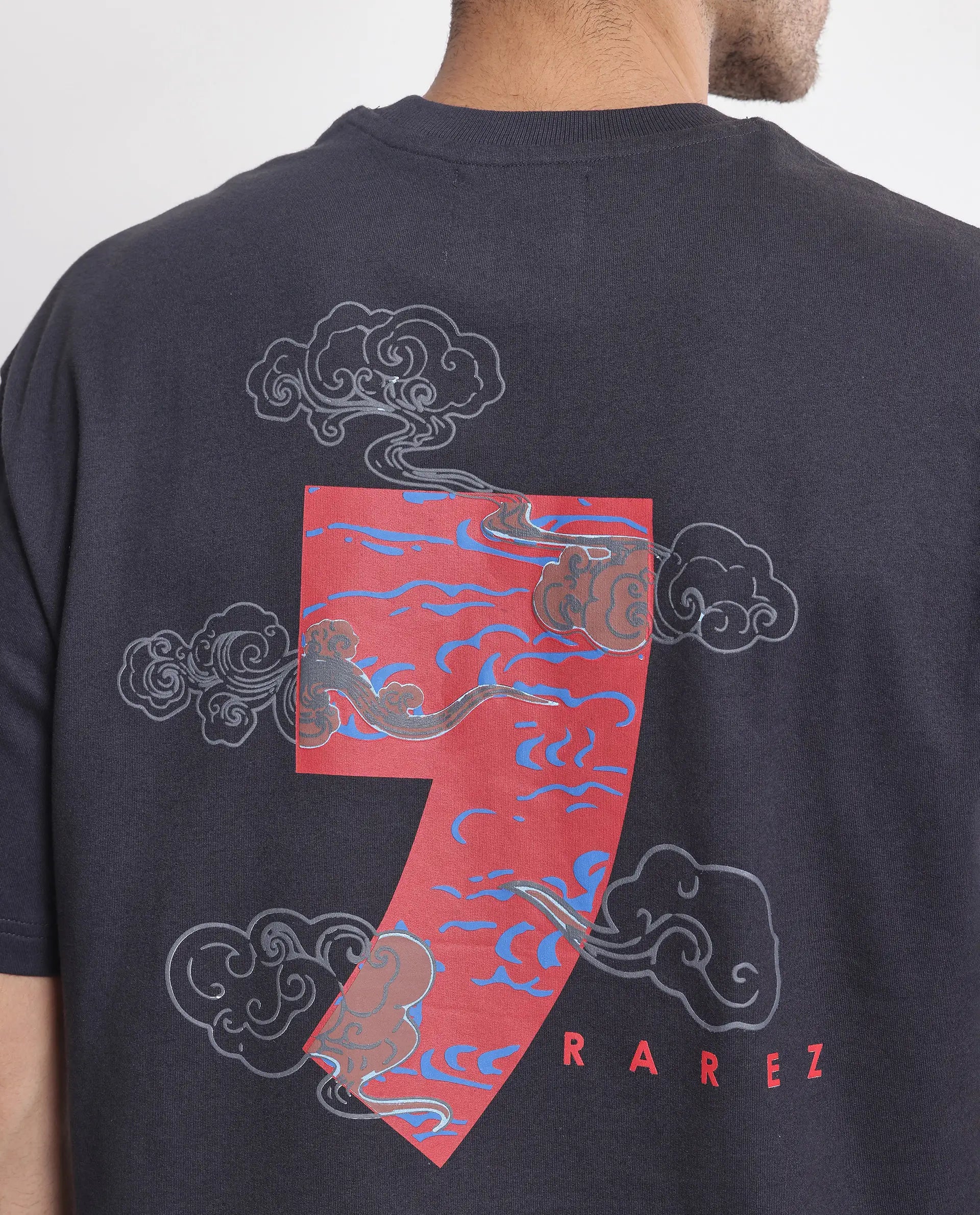 Rare Rabbit Men's Quote Dark Grey Cotton Fabric Half Sleeve Crew Neck Oversized Fit Graphic Print T-Shirt