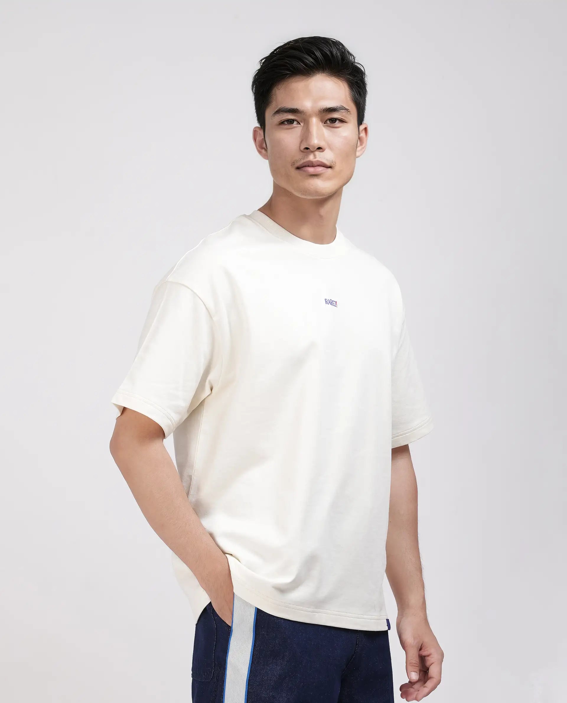 Rare Rabbit Men's Quote Off White Cotton Fabric Half Sleeve Crew Neck Oversized Fit Graphic Print T-Shirt