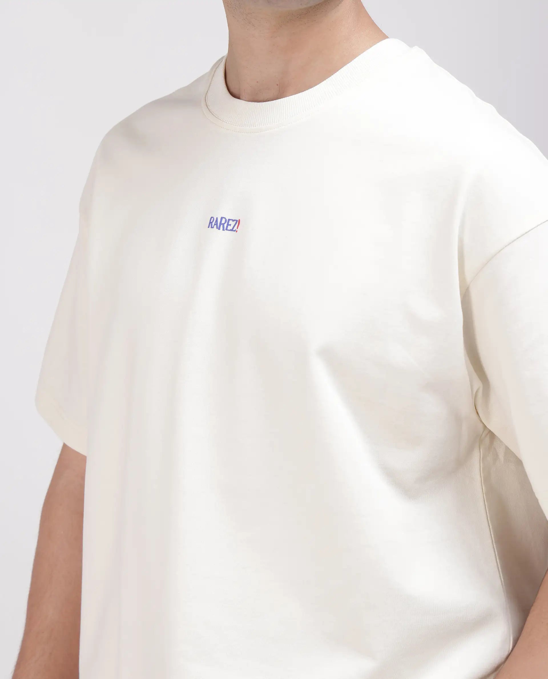 Rare Rabbit Men's Quote Off White Cotton Fabric Half Sleeve Crew Neck Oversized Fit Graphic Print T-Shirt