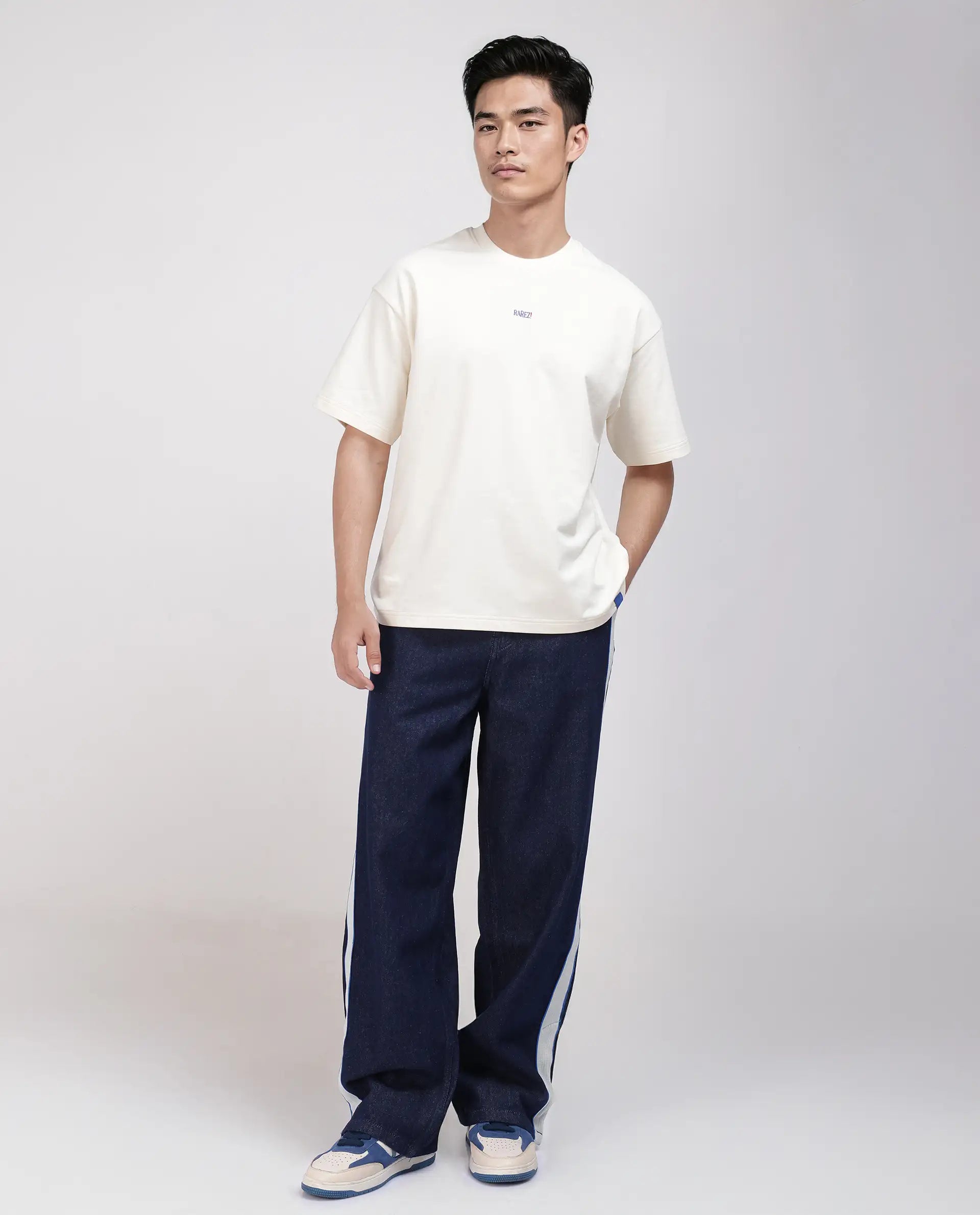 Rare Rabbit Men's Quote Off White Cotton Fabric Half Sleeve Crew Neck Oversized Fit Graphic Print T-Shirt