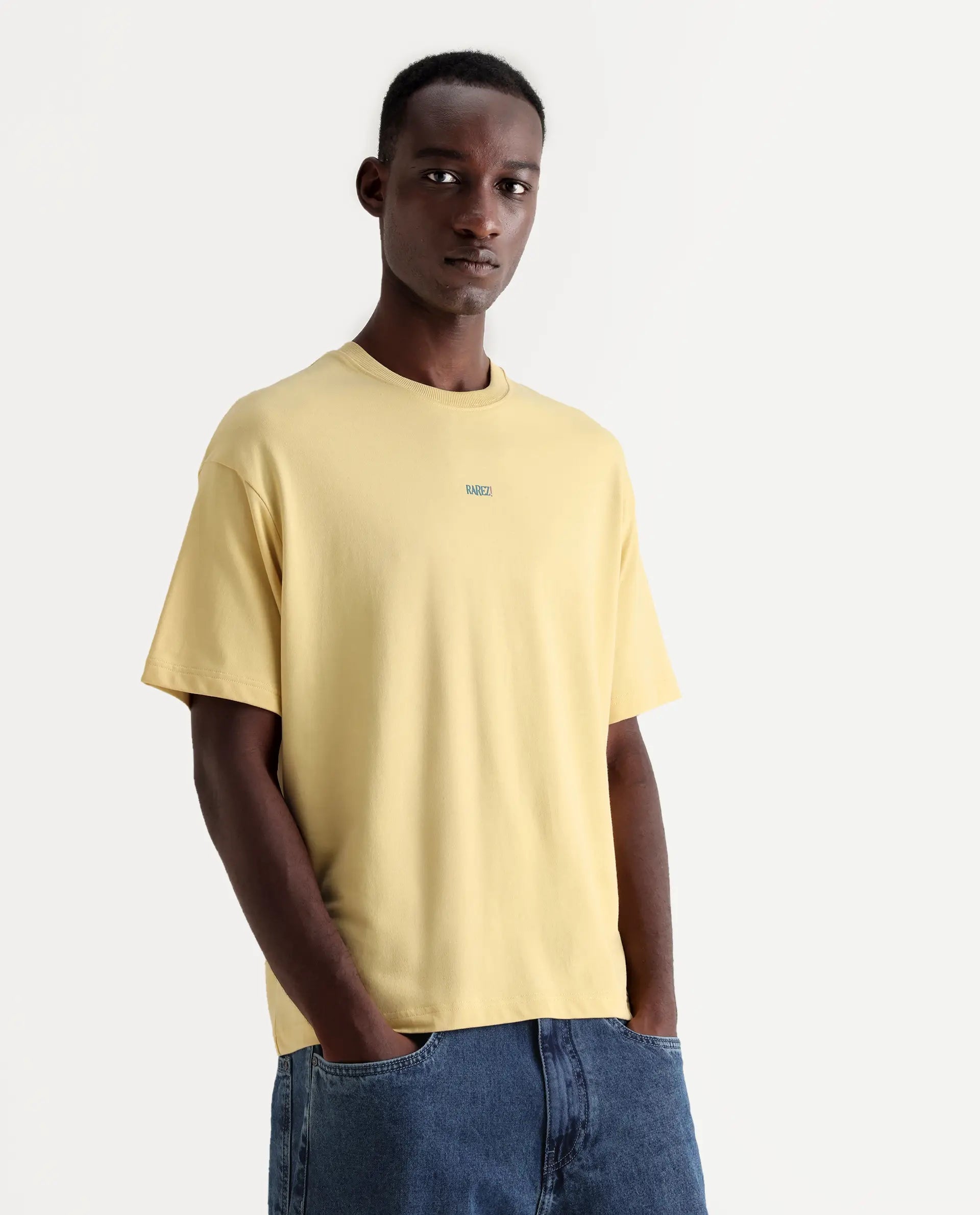 Rare Rabbit Men's Quote Yellow Cotton Graphic Print Oversized Fit Half Sleeve Crew Neck T-Shirt