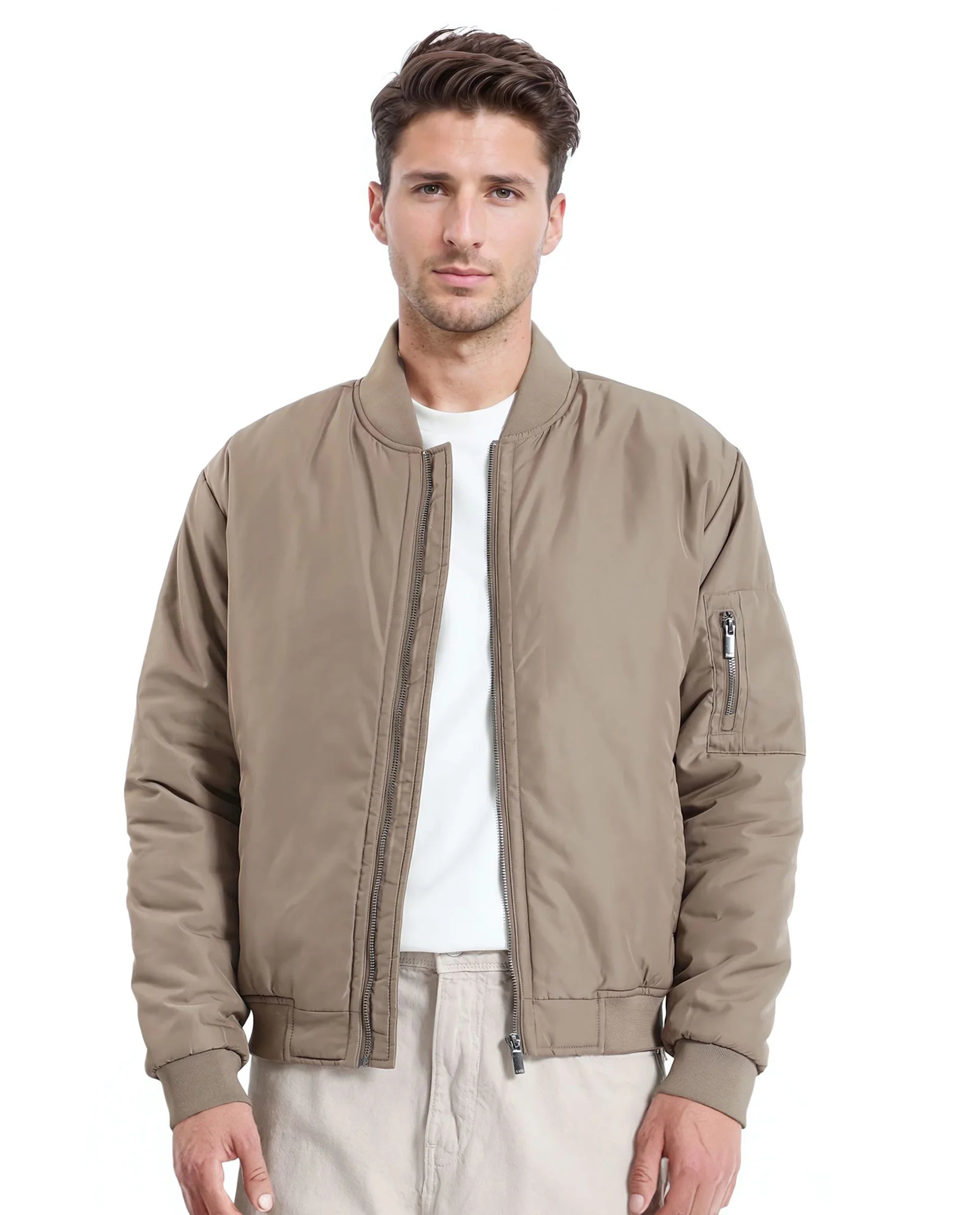 Rare Rabbit Men Quoto Brown  Polyester Fabric Full Sleeve Ribbed Collar and Cuff Solid Bomber Jacket