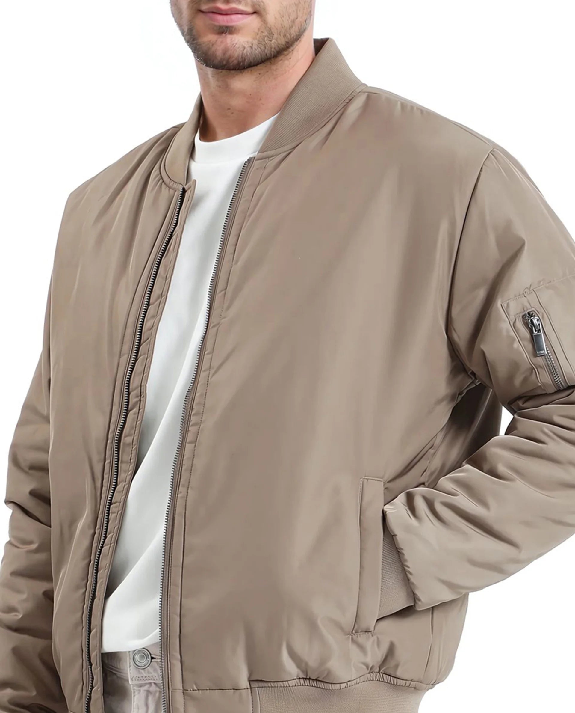 Rare Rabbit Men Quoto Brown  Polyester Fabric Full Sleeve Ribbed Collar and Cuff Solid Bomber Jacket