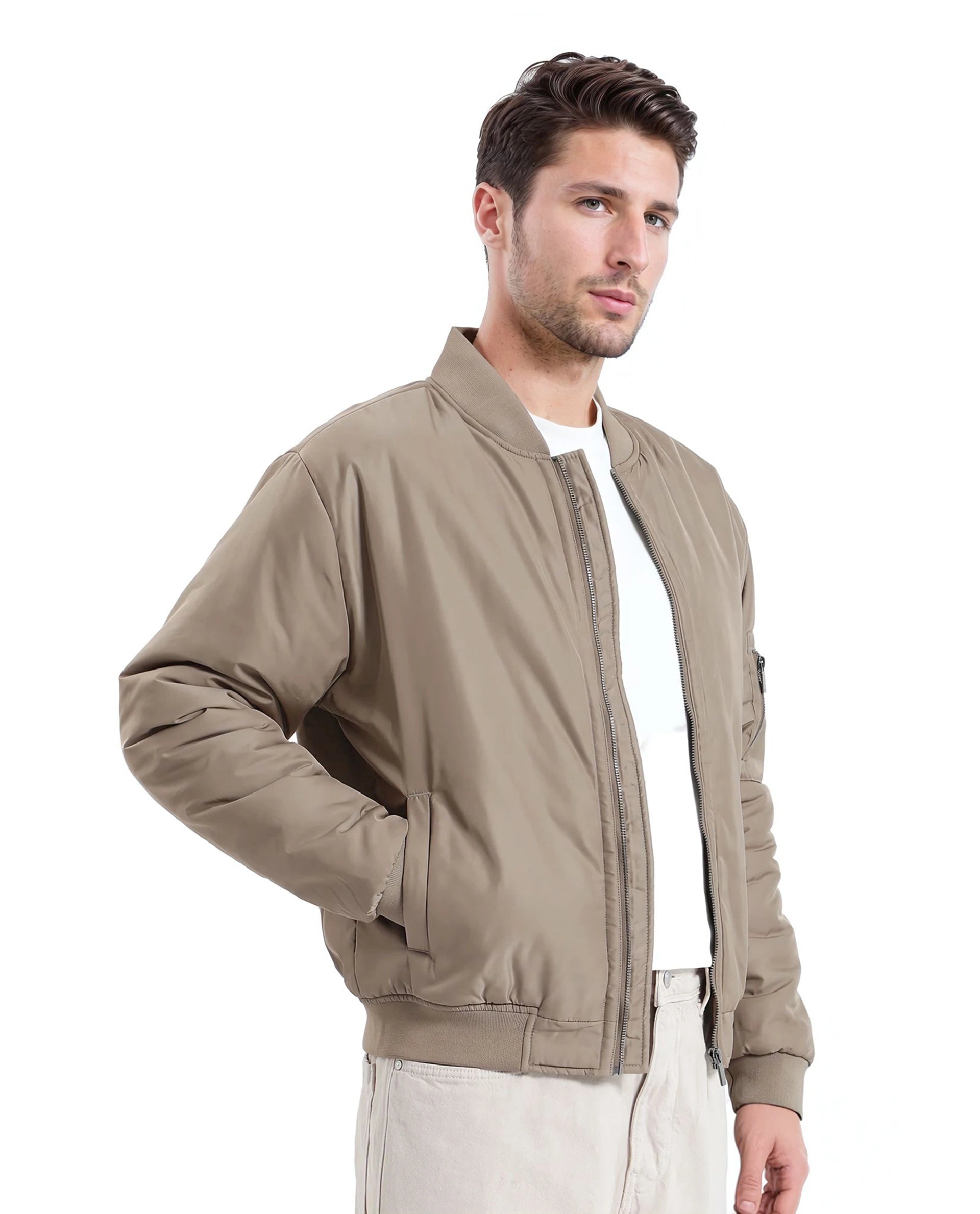 Rare Rabbit Men Quoto Brown  Polyester Fabric Full Sleeve Ribbed Collar and Cuff Solid Bomber Jacket