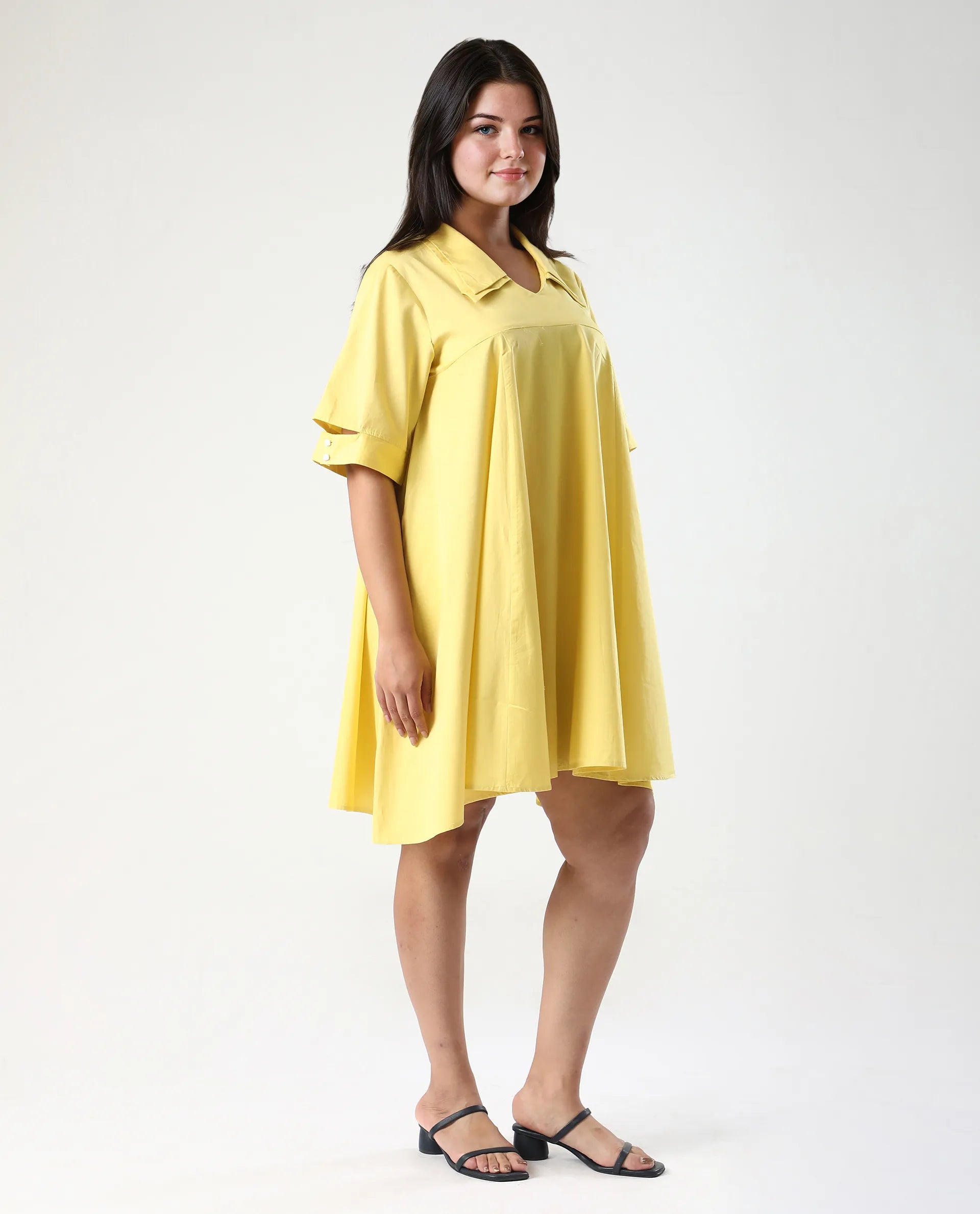 Rareism Women's Qurad Yellow Cotton Blend Johnny Collar Plain Cutout Sleeve Mini Flared Dress