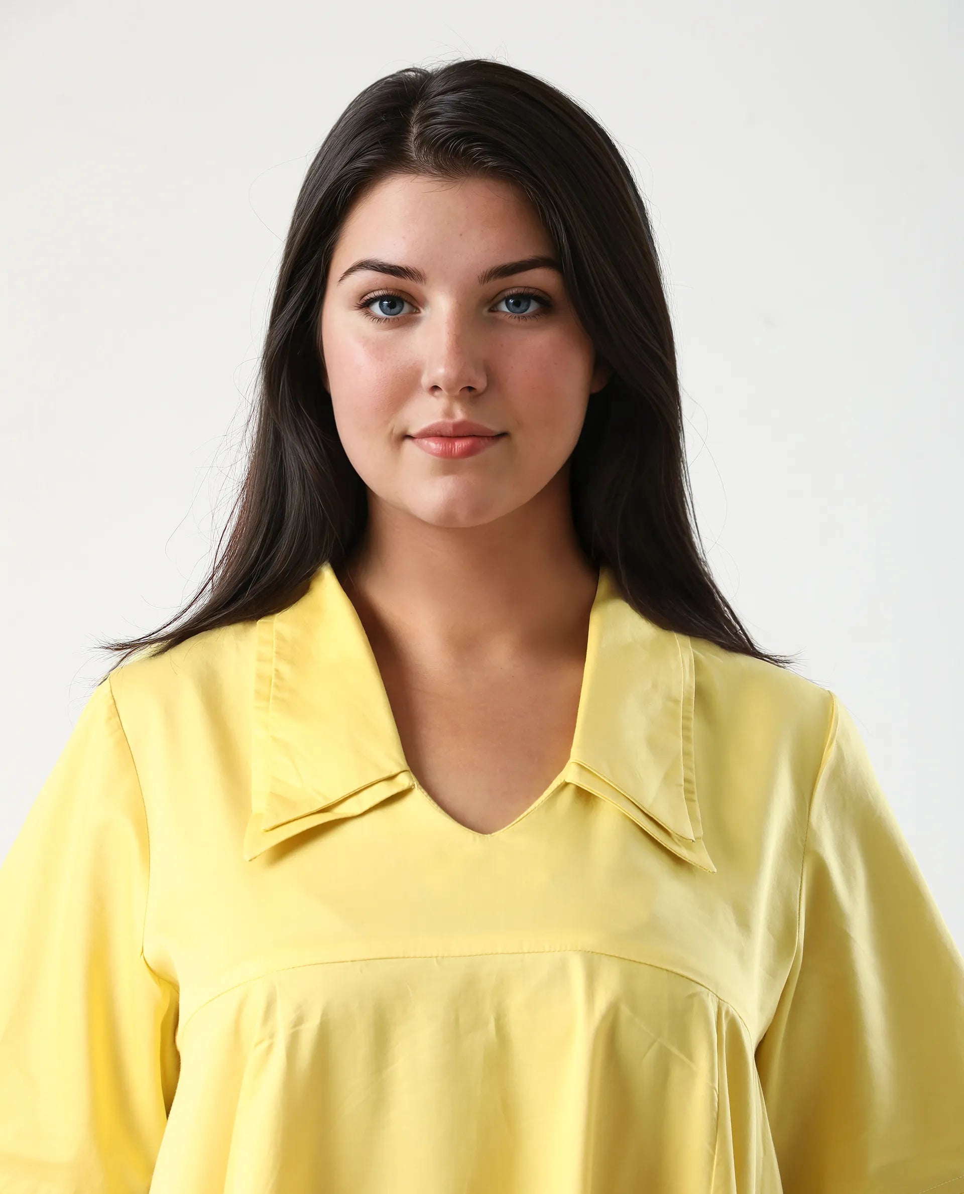 Rareism Women's Qurad Yellow Cotton Blend Johnny Collar Plain Cutout Sleeve Mini Flared Dress