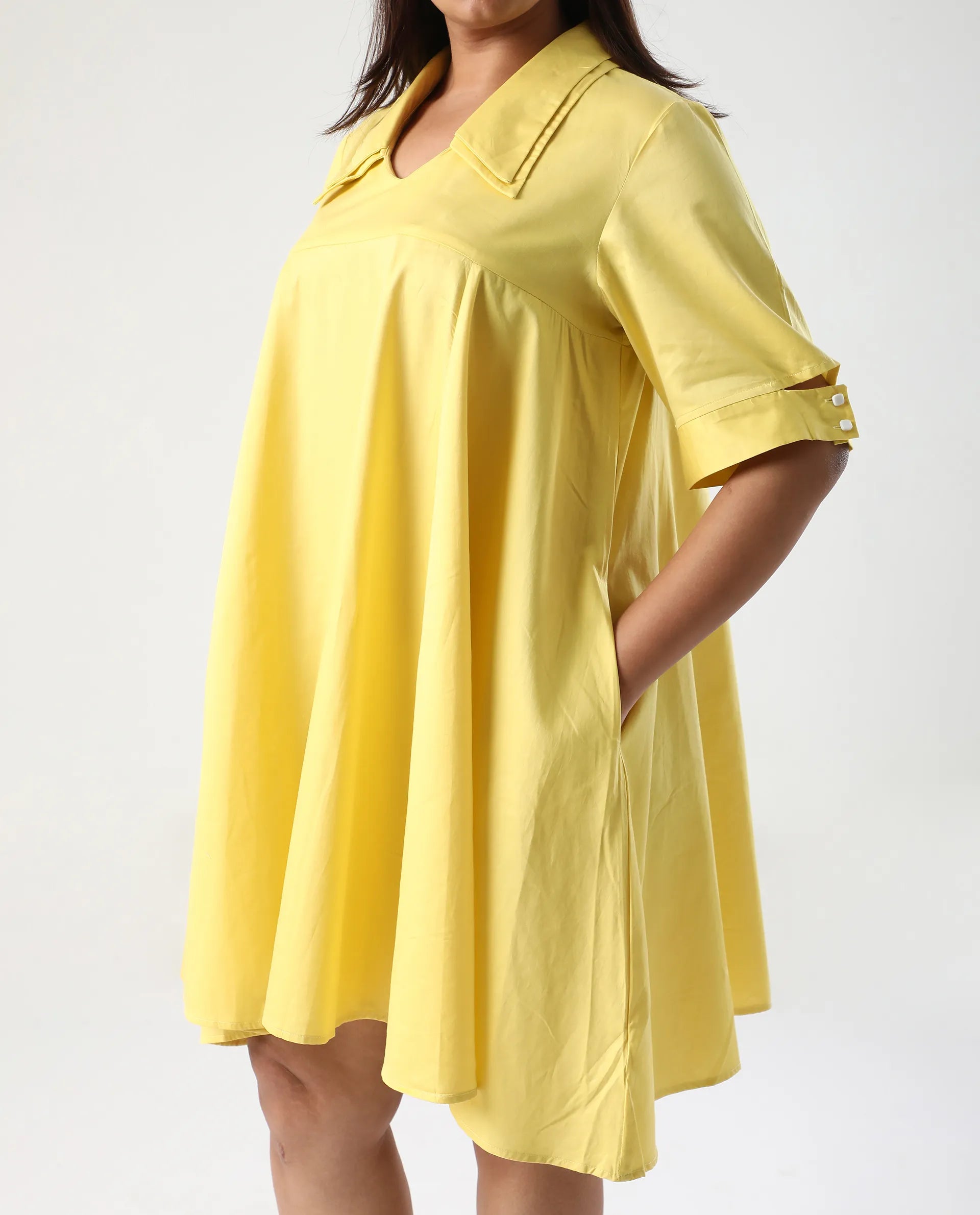 Rareism Women's Qurad Yellow Cotton Blend Johnny Collar Plain Cutout Sleeve Mini Flared Dress