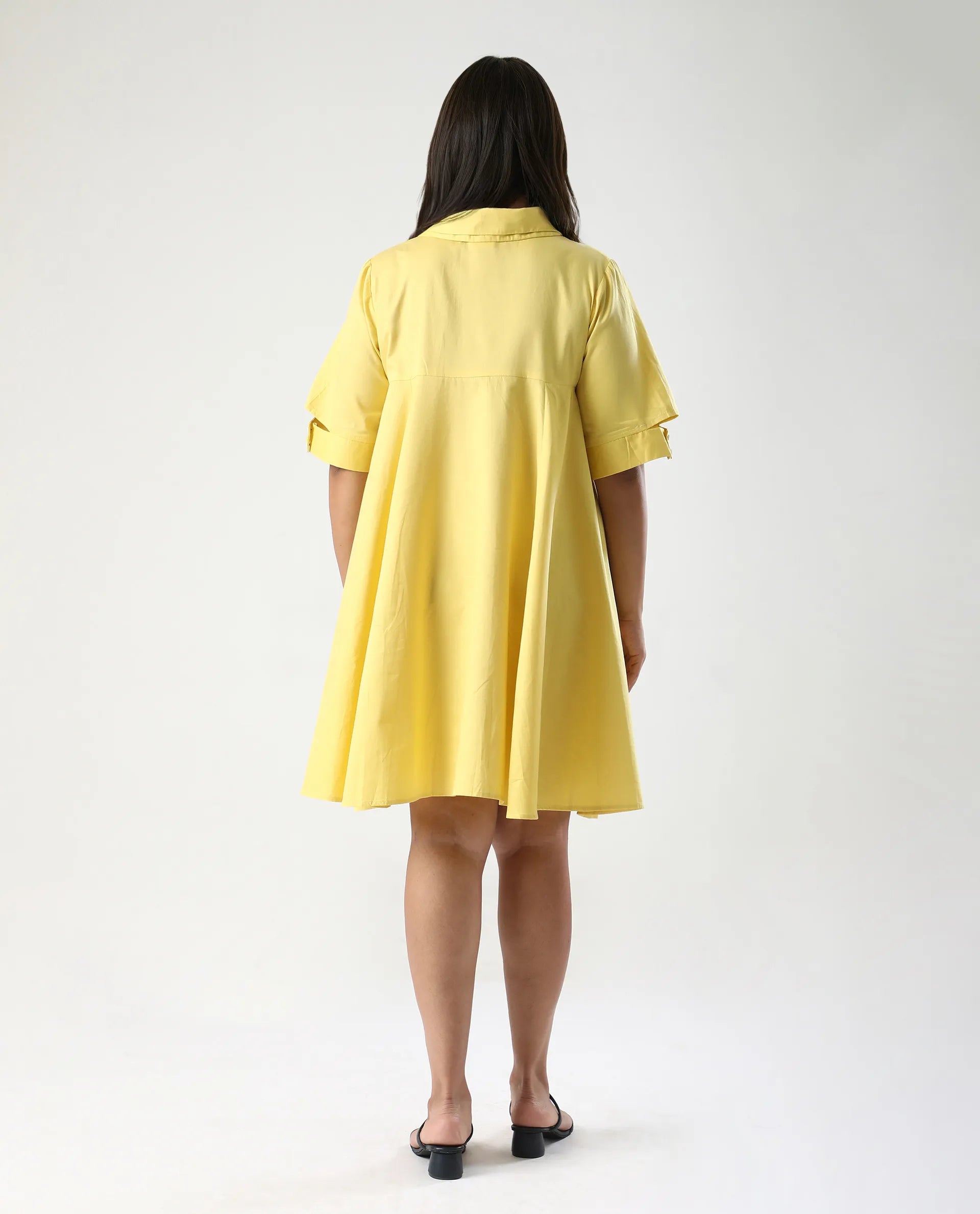 Rareism Women's Qurad Yellow Cotton Blend Johnny Collar Plain Cutout Sleeve Mini Flared Dress