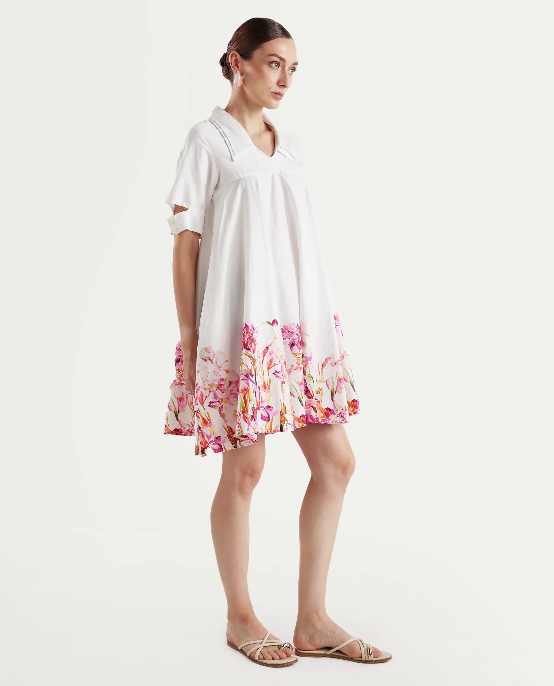 Rareism Women's Qura Multi Cotton Blend Johnny Collar Floral Print Cutout Sleeve Knee Length Flared Dress