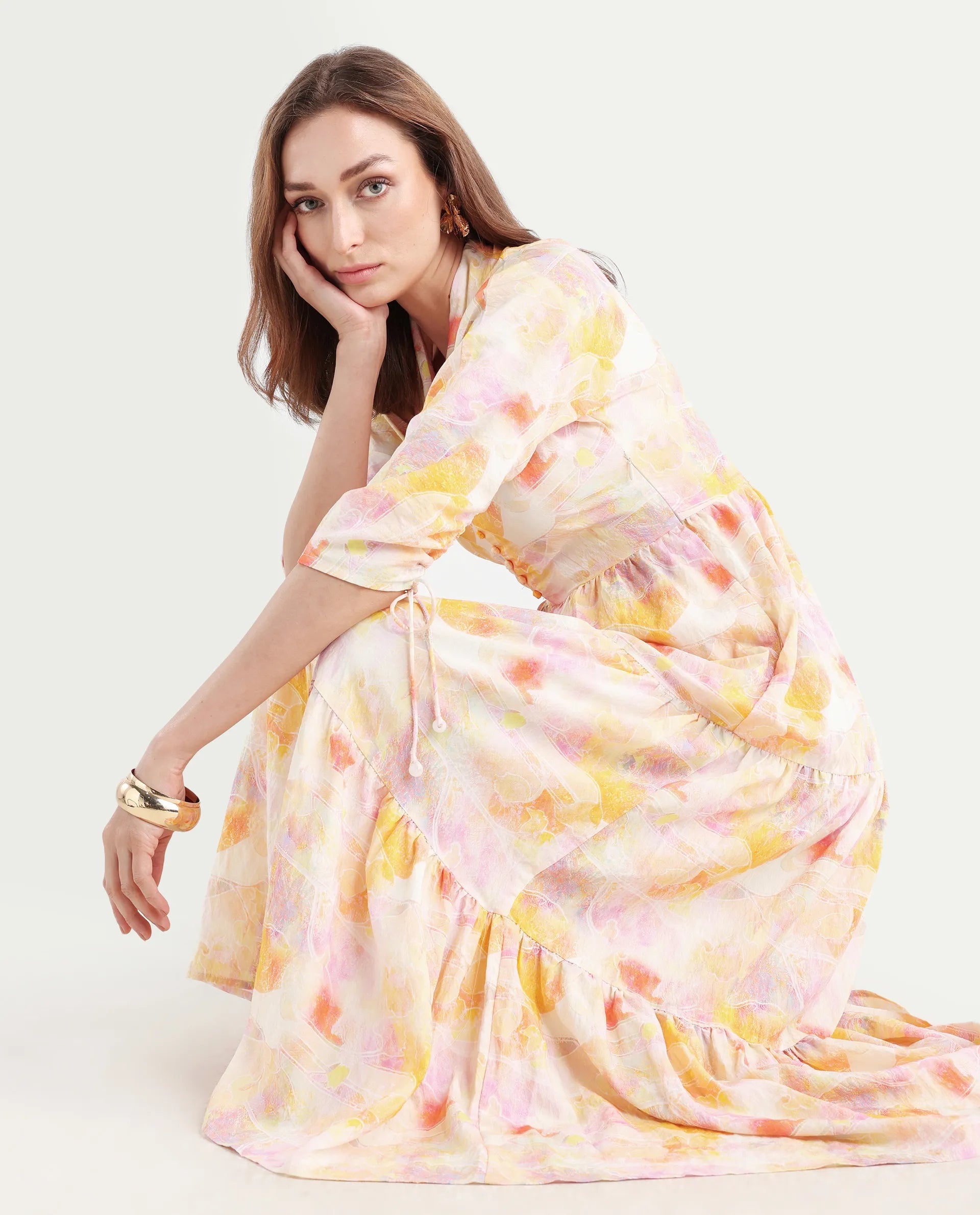 Rareism Women's Qurobi Pastel Multi Nylon Blend Built-Up Neck Abstract Print Kimono Sleeve Maxi Fit And Flare Dress