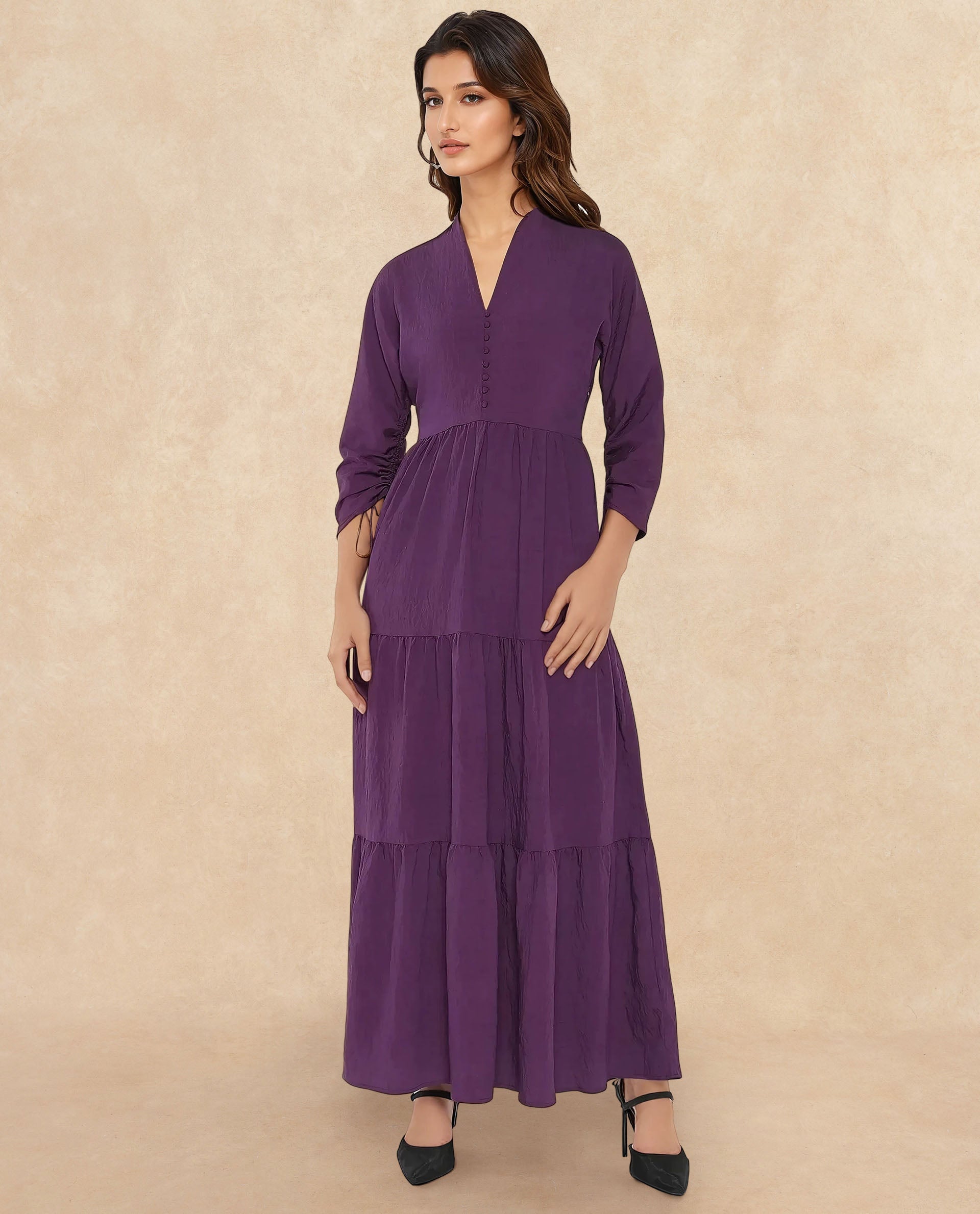 Rareism Women Quroti Purple Nylon Viscose Fabric Kimono Sleeve Built Up Neck Maxi Plain Dress