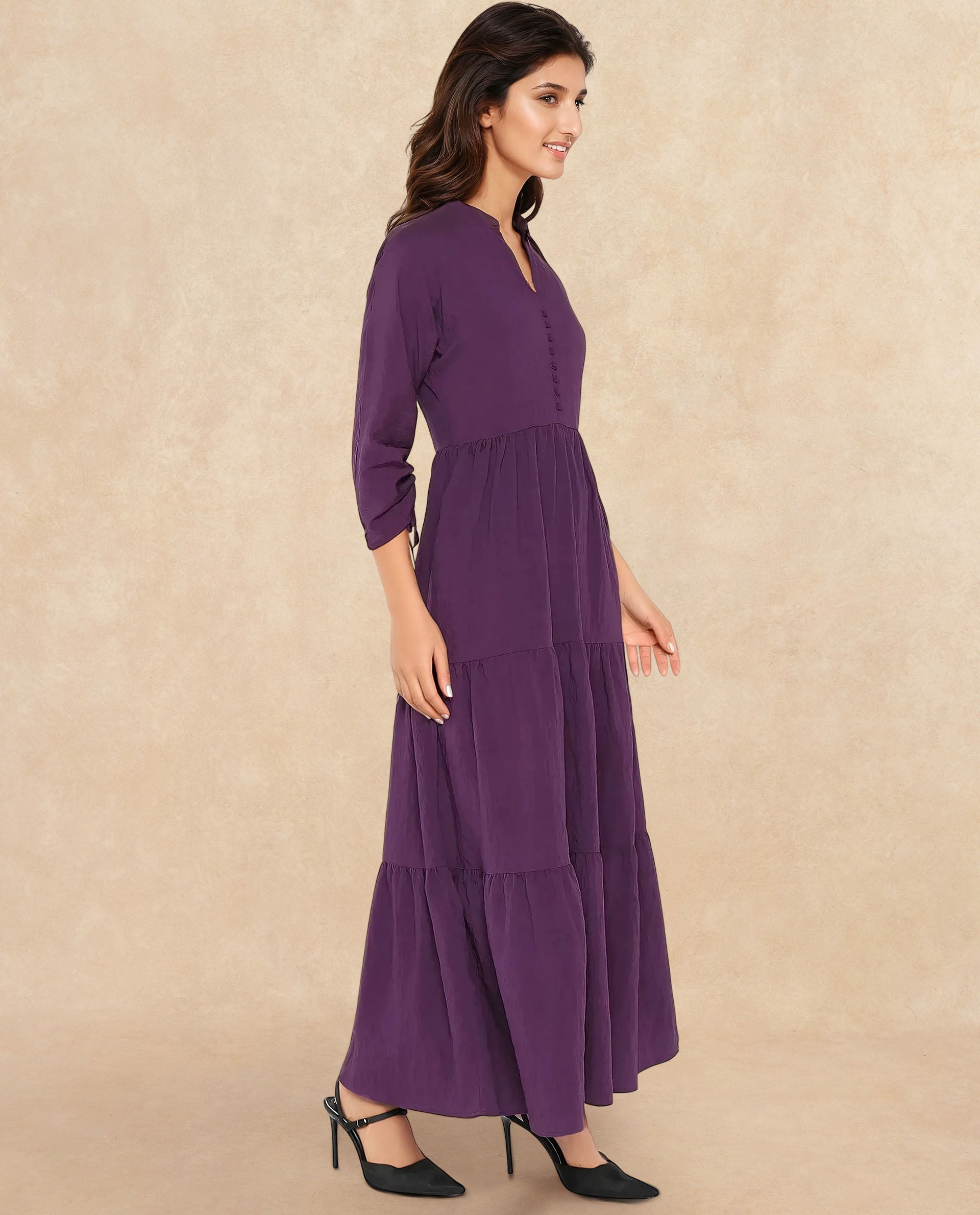 Rareism Women Quroti Purple Nylon Viscose Fabric Kimono Sleeve Built Up Neck Maxi Plain Dress