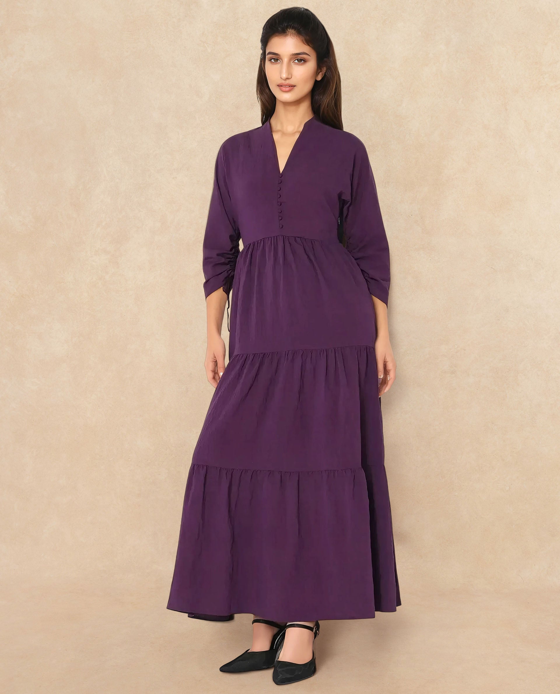 Rareism Women Quroti Purple Nylon Viscose Fabric Kimono Sleeve Built Up Neck Maxi Plain Dress