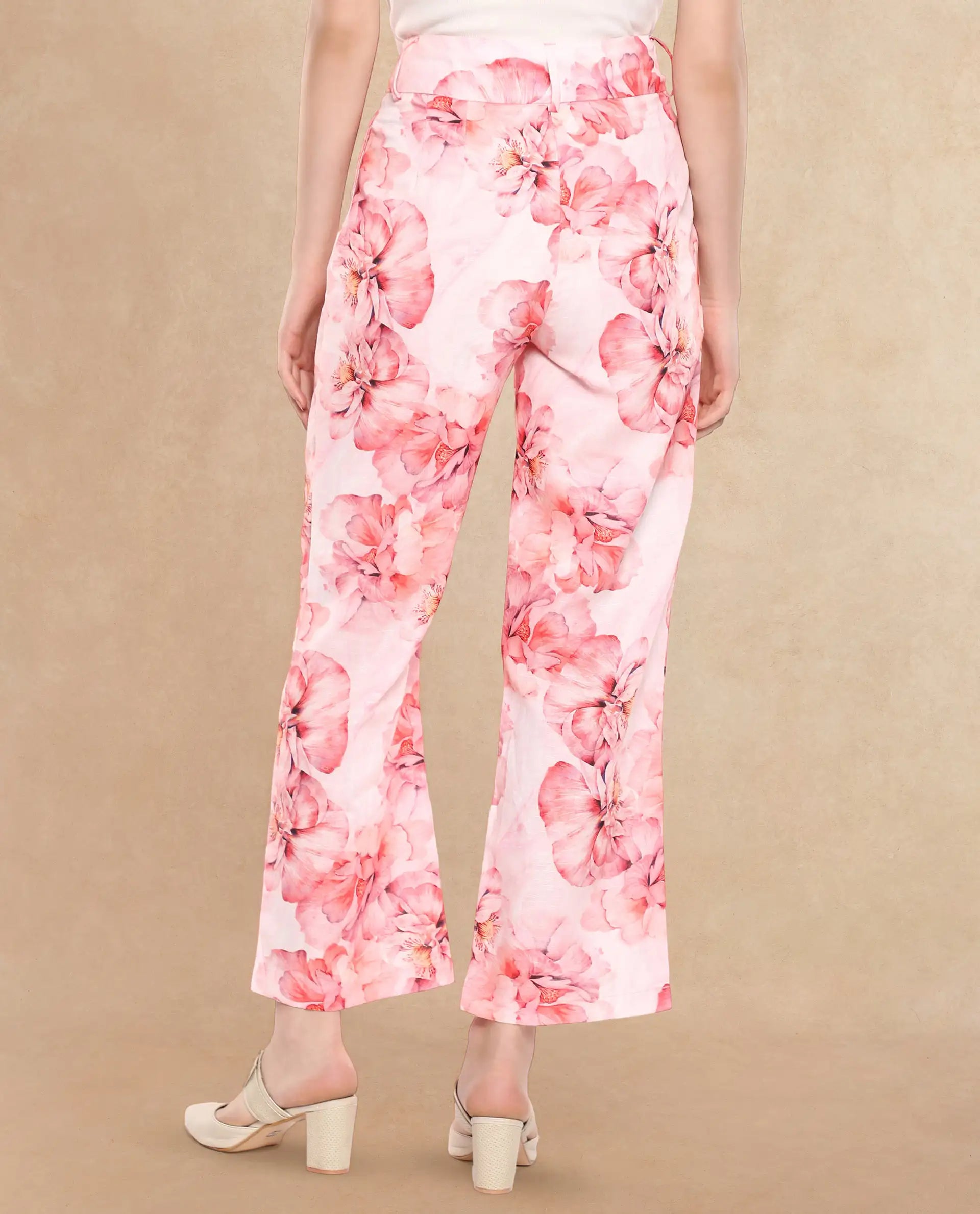 Rareism Women Quzal Pink Straight Fit Ankle Length Floral Print Trouser