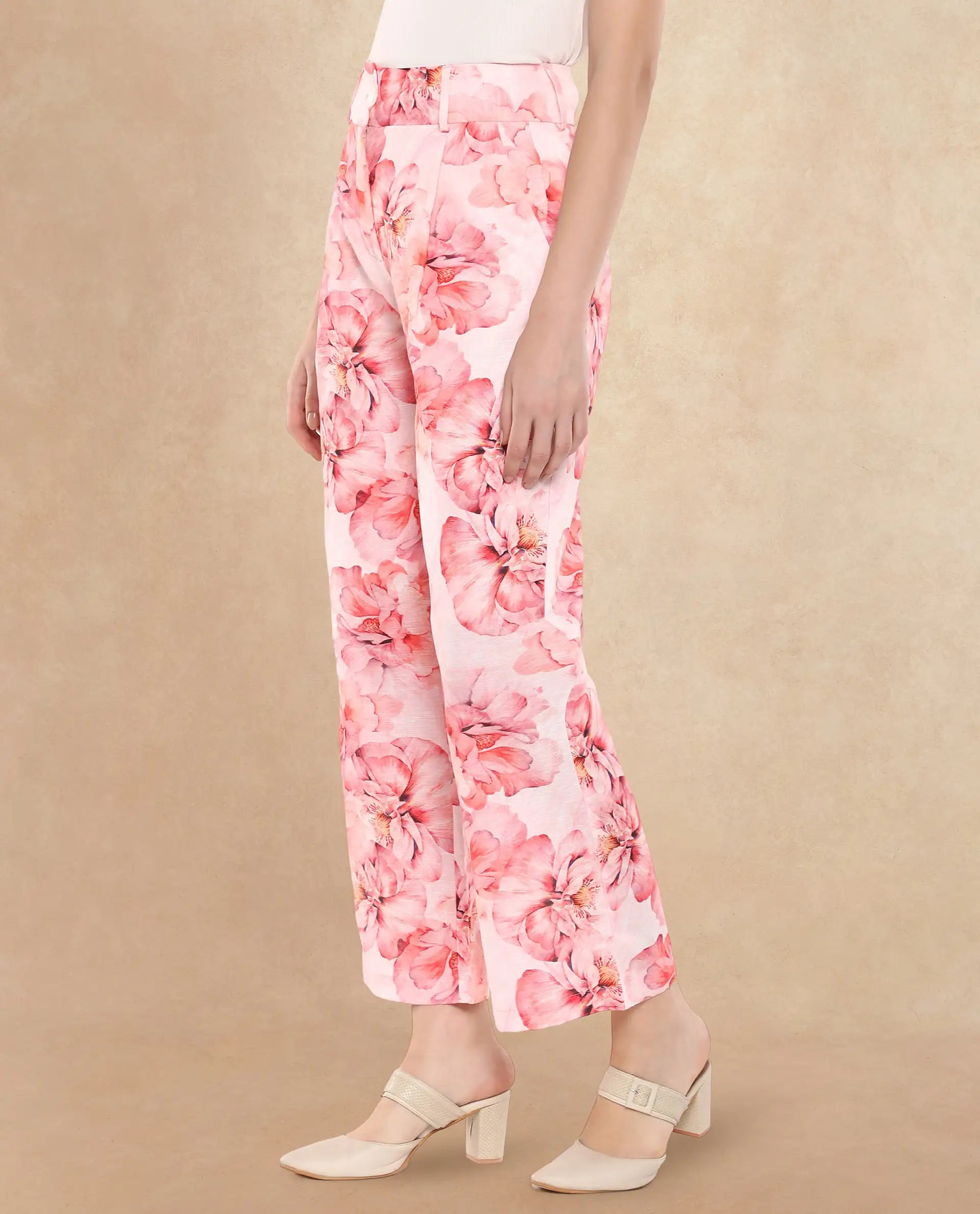 Rareism Women Quzal Pink Straight Fit Ankle Length Floral Print Trouser