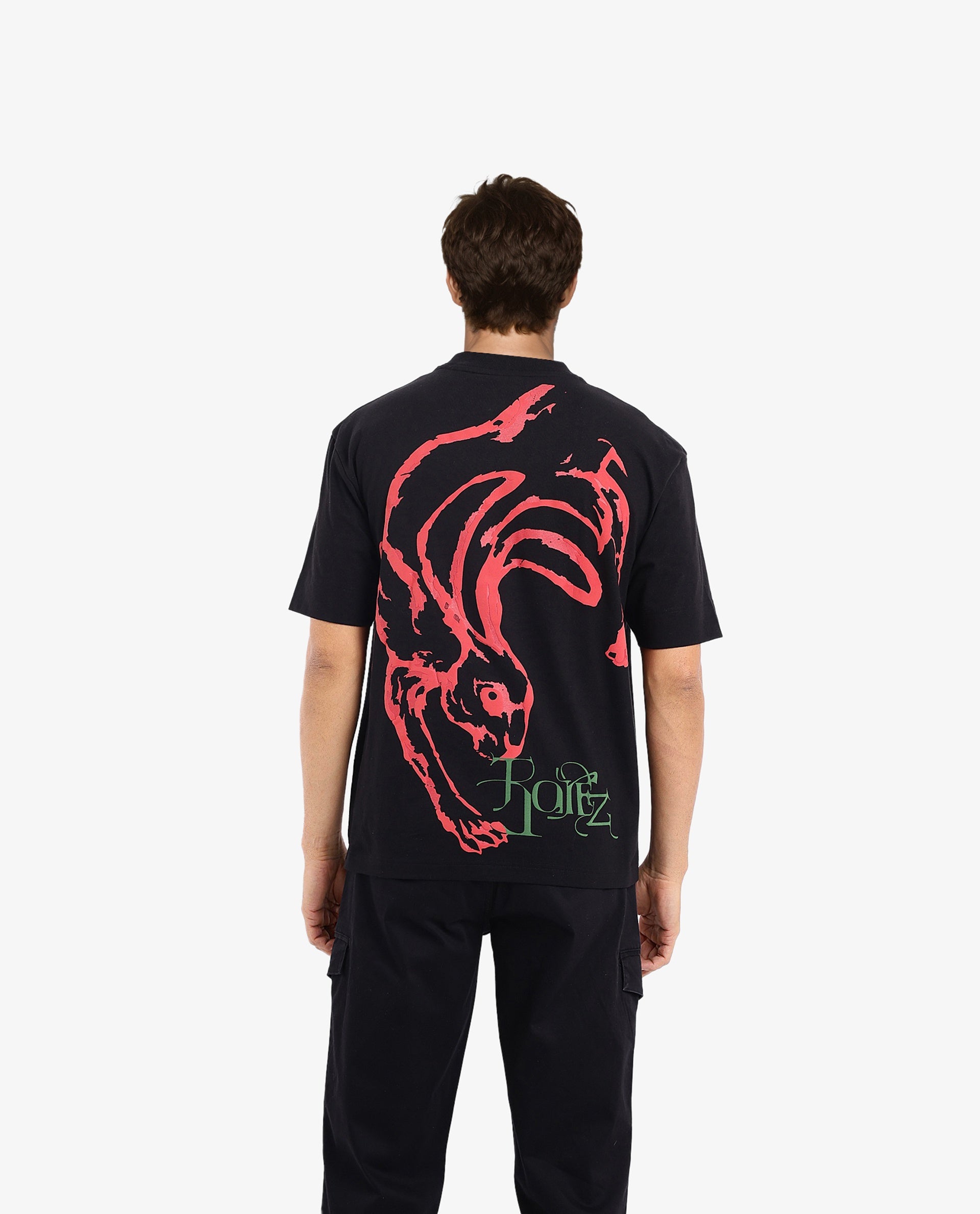 Rare Rabbit Men Rabb Black Cotton Fabric Short Sleeve Crew Neck Oversized Fit Graphic Back Print T-Shirt