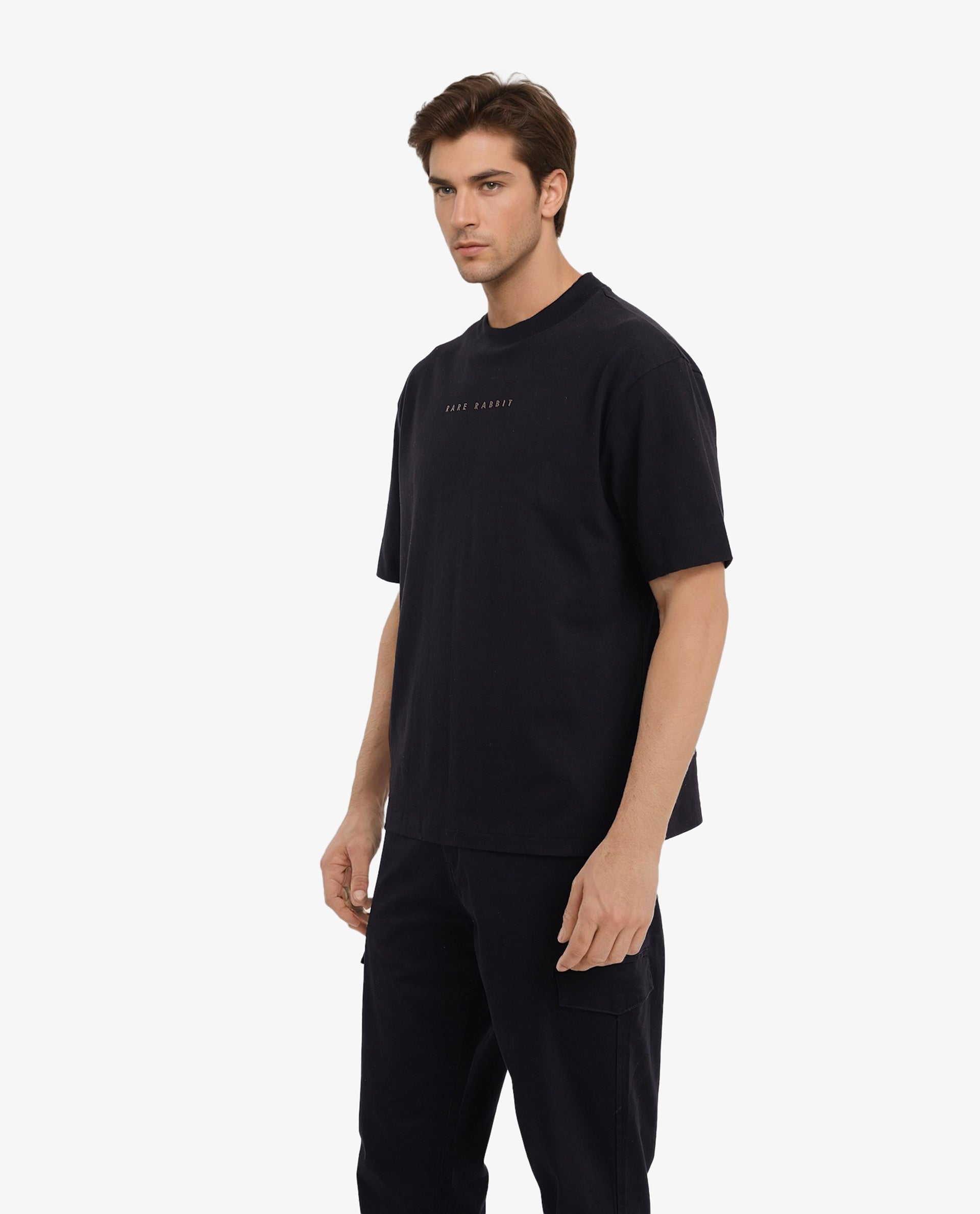 Rare Rabbit Men Rabb Black Cotton Fabric Short Sleeve Crew Neck Oversized Fit Graphic Back Print T-Shirt