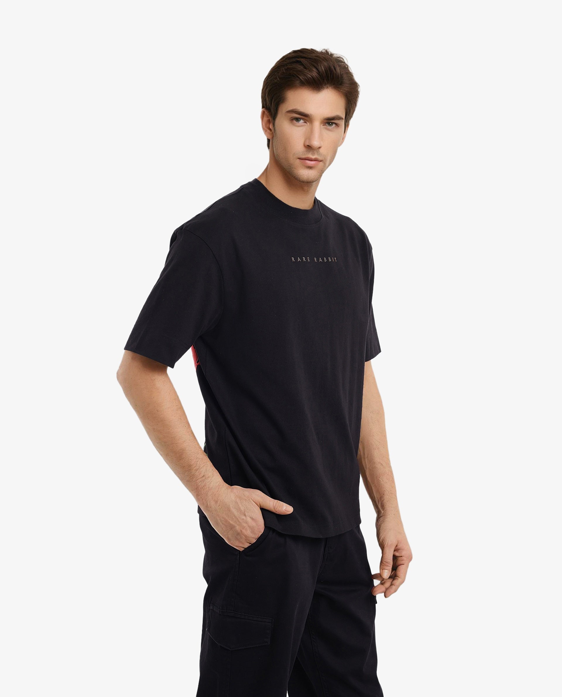 Rare Rabbit Men Rabb Black Cotton Fabric Short Sleeve Crew Neck Oversized Fit Graphic Back Print T-Shirt