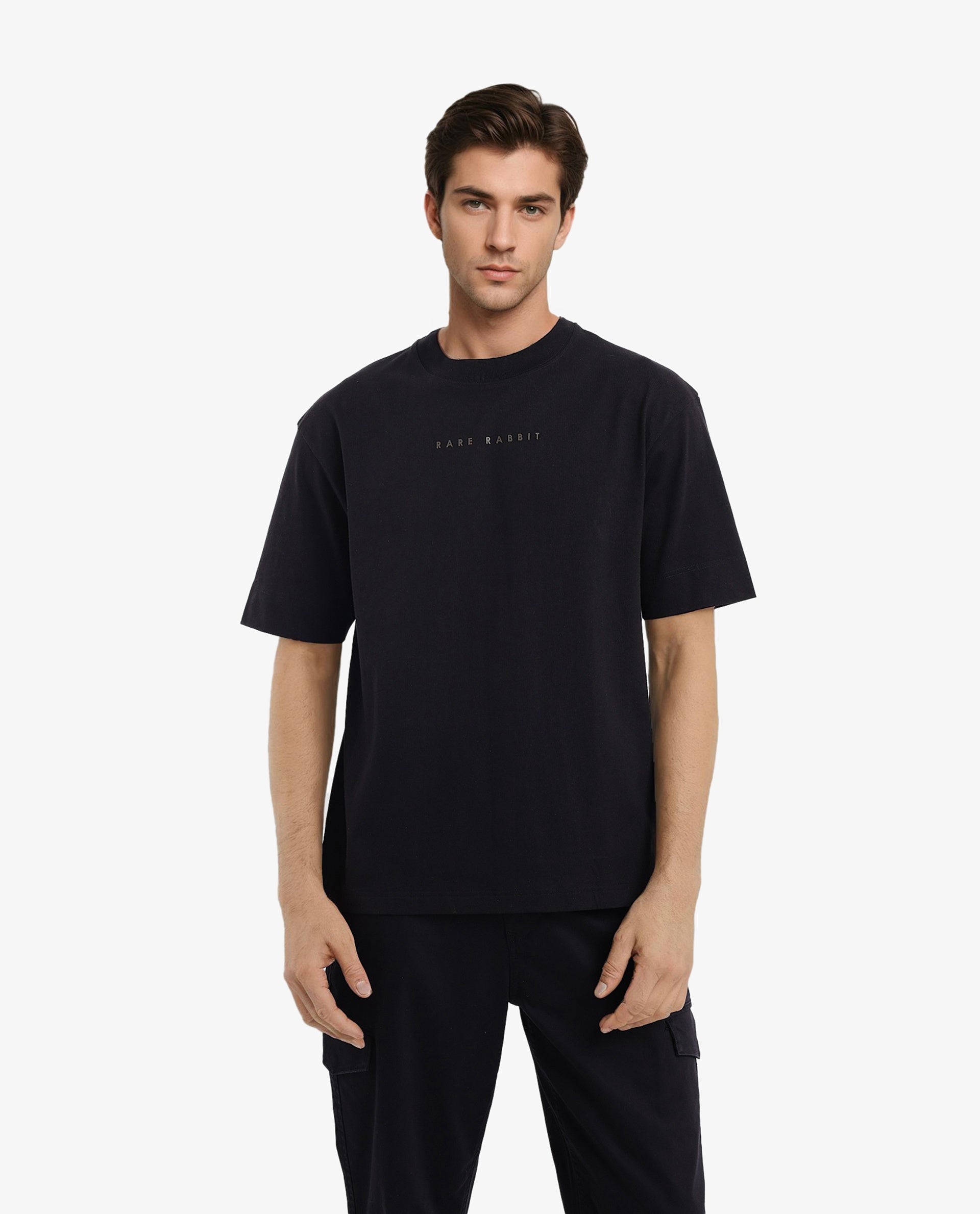 Rare Rabbit Men Rabb Black Cotton Fabric Short Sleeve Crew Neck Oversized Fit Graphic Back Print T-Shirt
