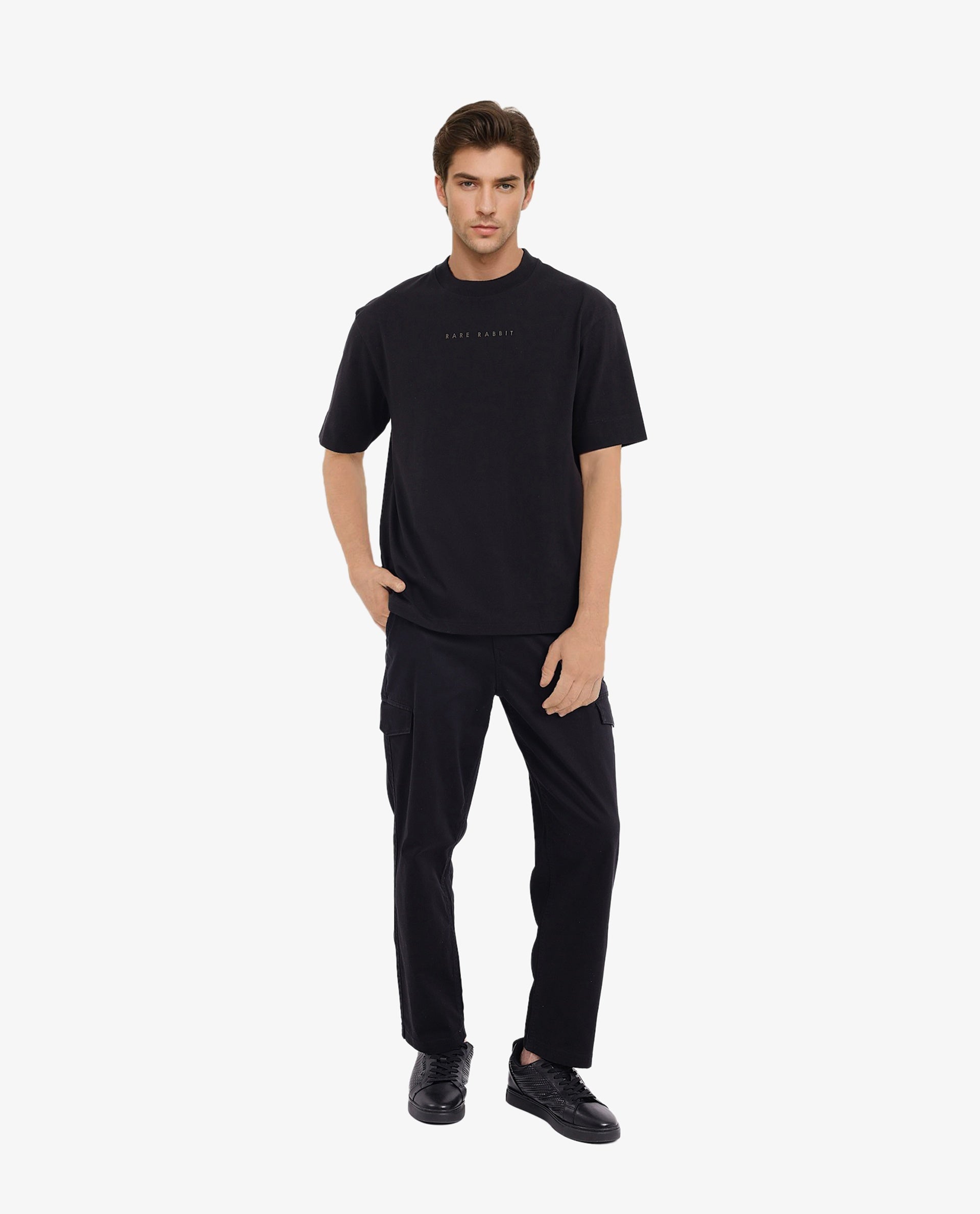 Rare Rabbit Men Rabb Black Cotton Fabric Short Sleeve Crew Neck Oversized Fit Graphic Back Print T-Shirt